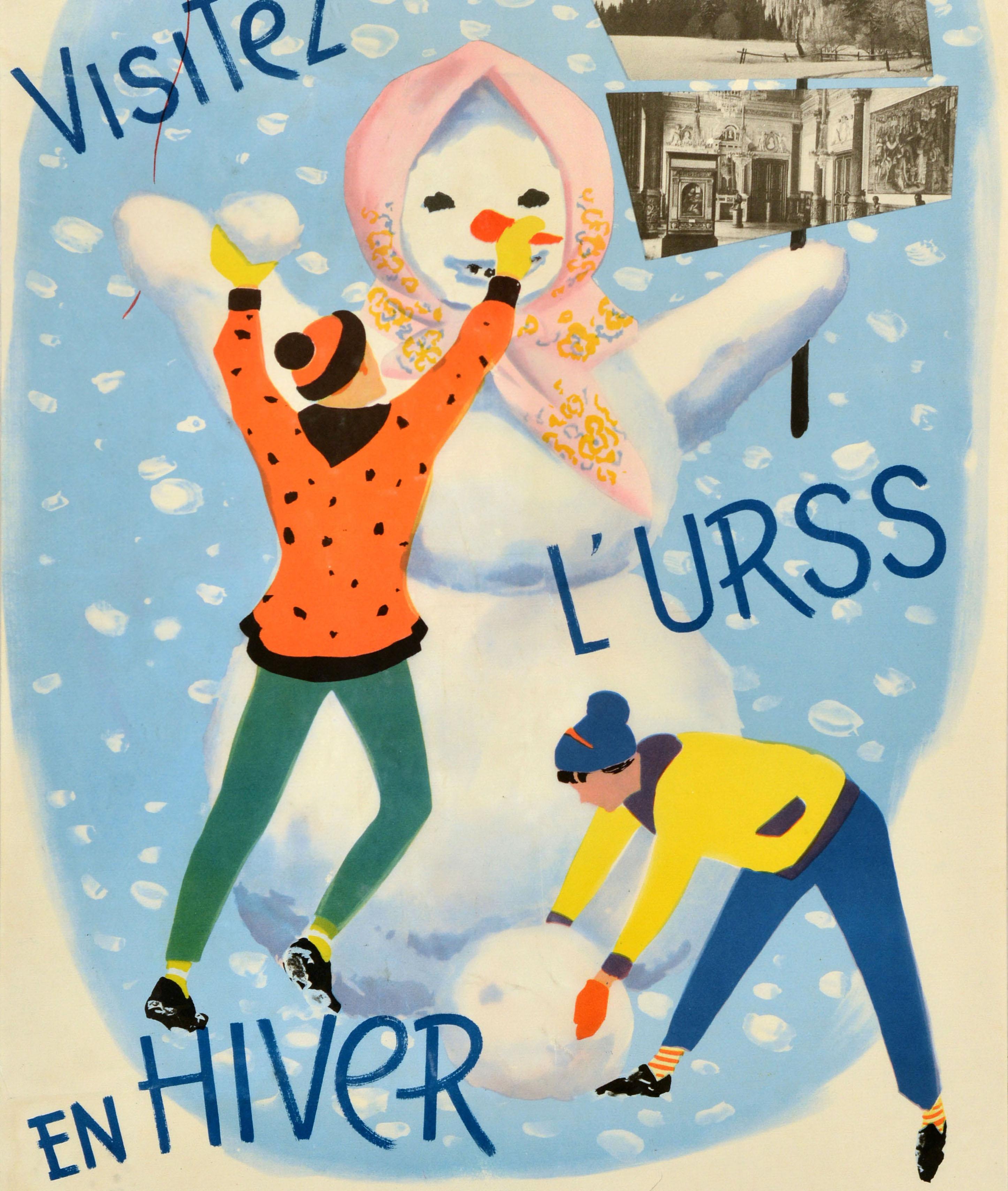 Metà XX secolo Poster di viaggio sovietico originale d'epoca URSS In inverno Intourist Snowman URSS in vendita