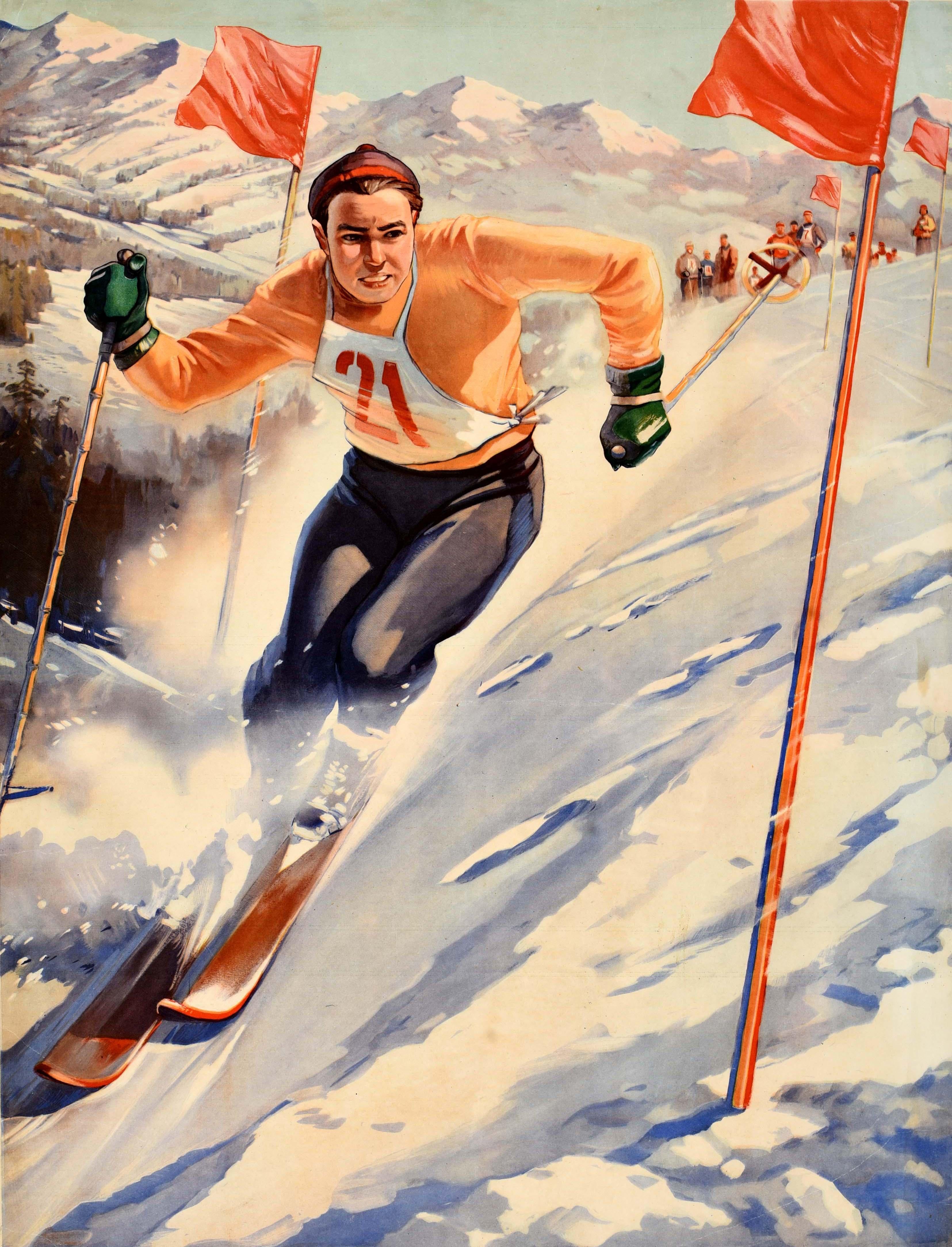 Poster sovietico d'epoca - Per la partecipazione di massa e la maestria sportiva nello sci alpino / За Массовость, За Спортивное Мастерство В Горнолыжном Спорте! - con uno sciatore che indossa la pettorina numero 21 e sta sciando in velocità su una