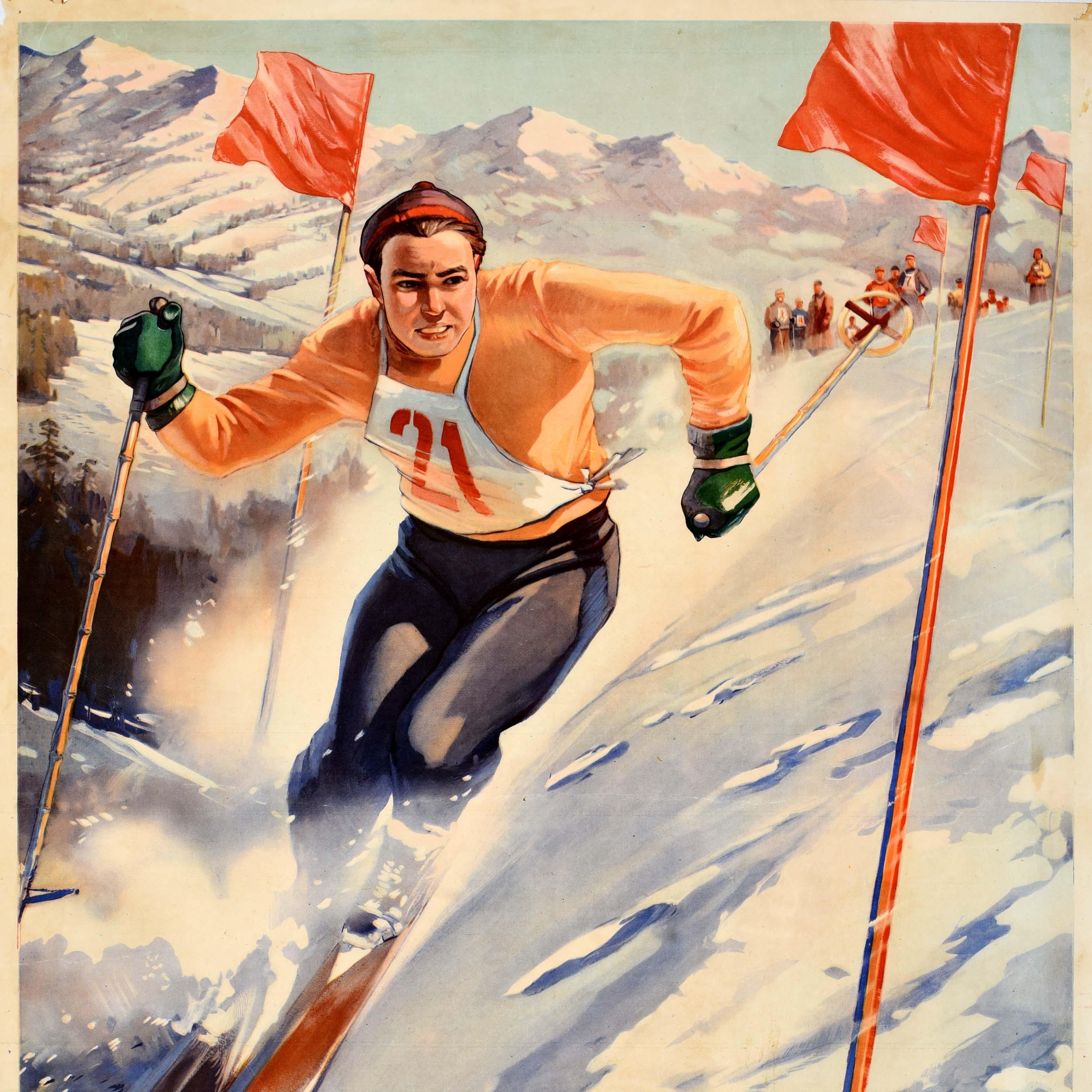 Russo Poster sciistico originale d'epoca dell'Unione Sovietica Sci alpino sport URSS Slalom in vendita