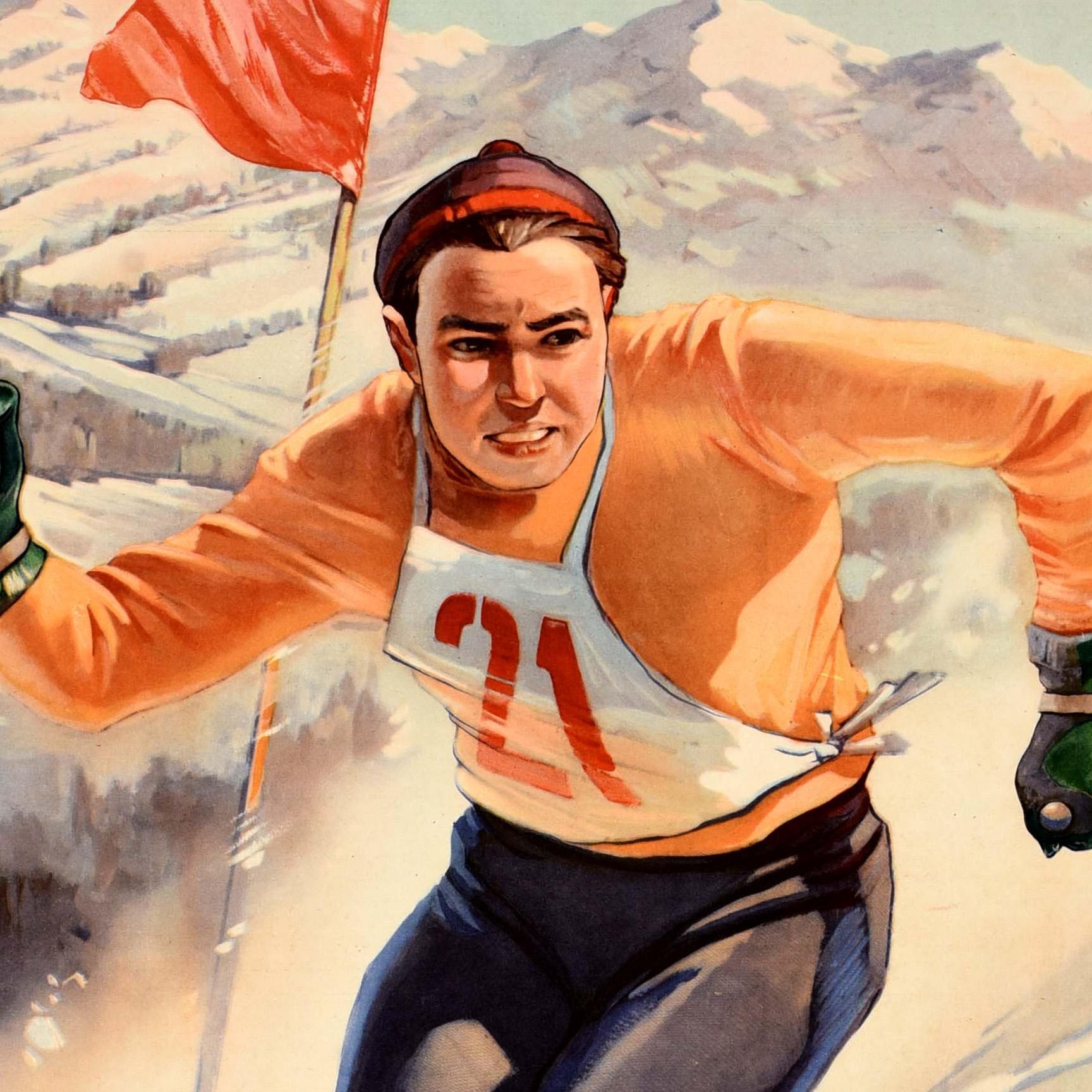 Metà XX secolo Poster sciistico originale d'epoca dell'Unione Sovietica Sci alpino sport URSS Slalom in vendita