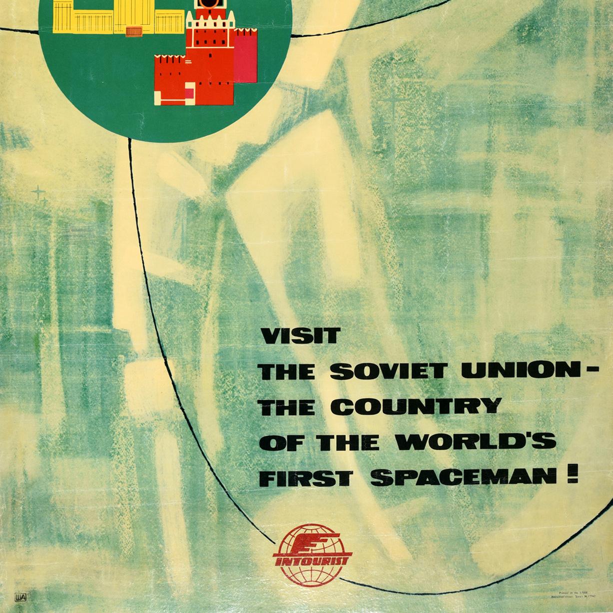 Russe Affiche rétro originale de voyage de l'Union soviétique, Spaceman, URSS, Kremlin en vente