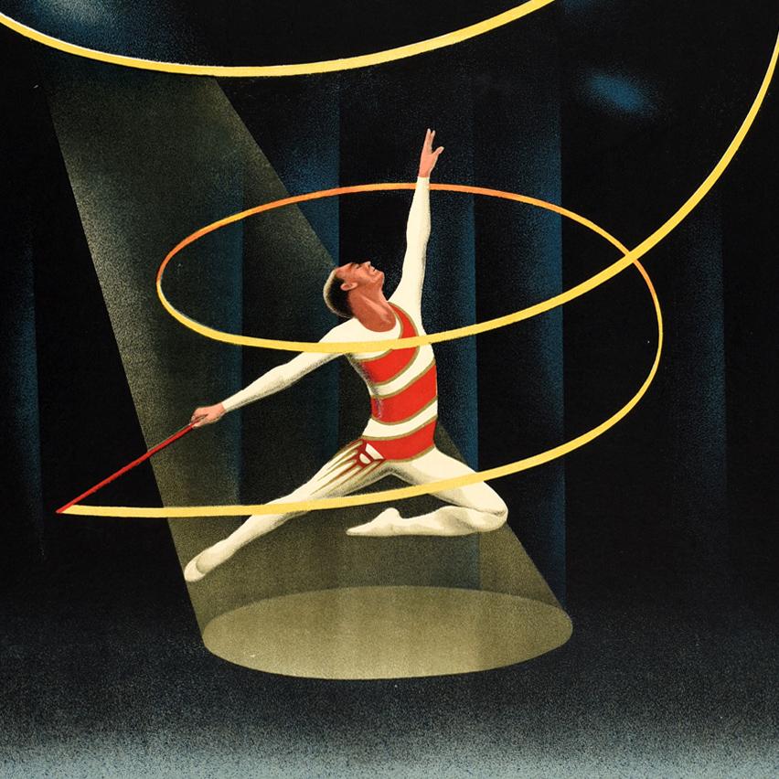 Original-Reiseplakat für das UdSSR-Tanzfestival Moskau - Leningrad vom 10. bis 20. Juni 1936 im Auftrag von Intourist, dem staatlichen sowjetischen Reisemonopol, mit einem atemberaubenden Entwurf des bedeutenden sowjetischen Künstlers Nikolai