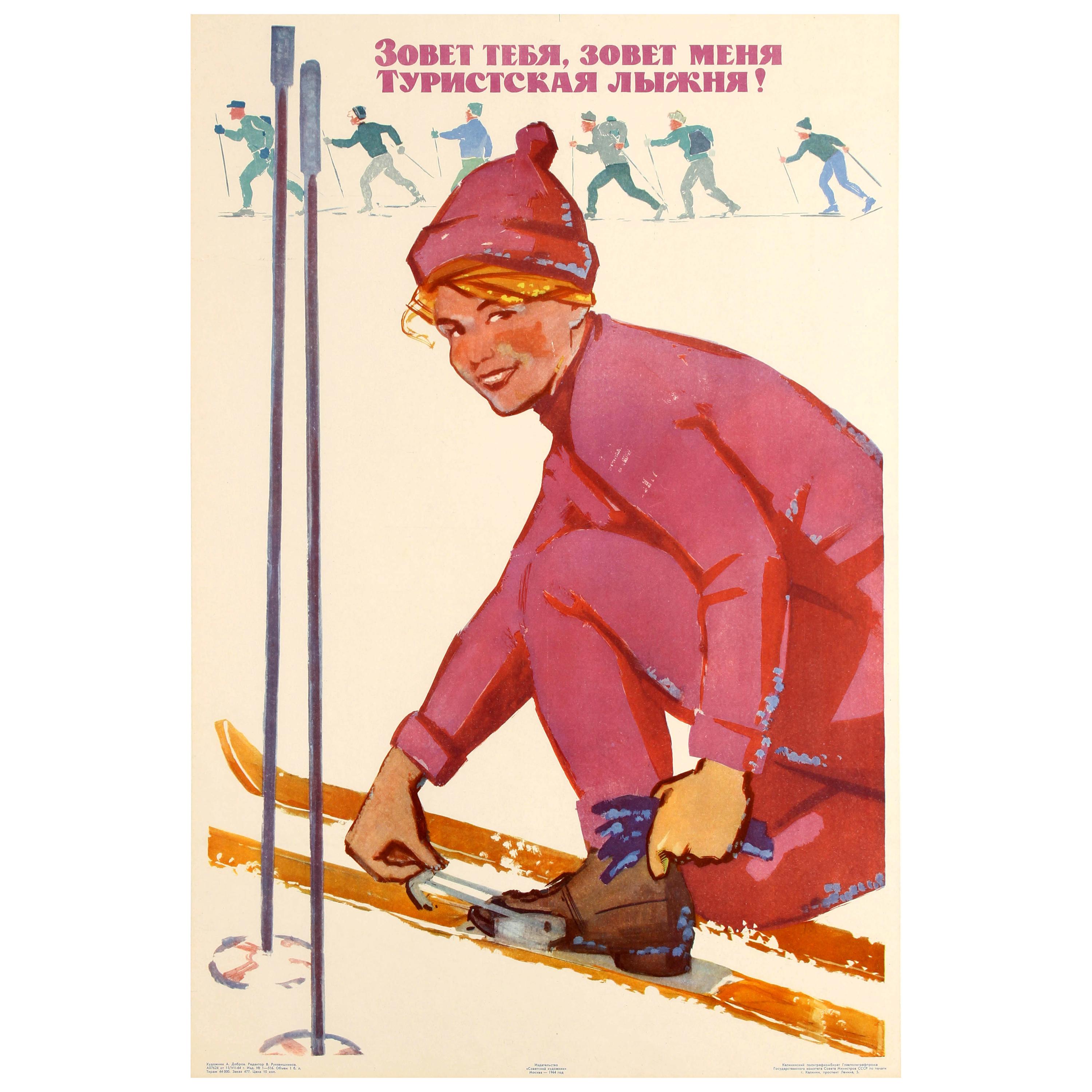 Original Vintage Soviet Winter Sport Skiing Poster - The Ski Track is Calling!
