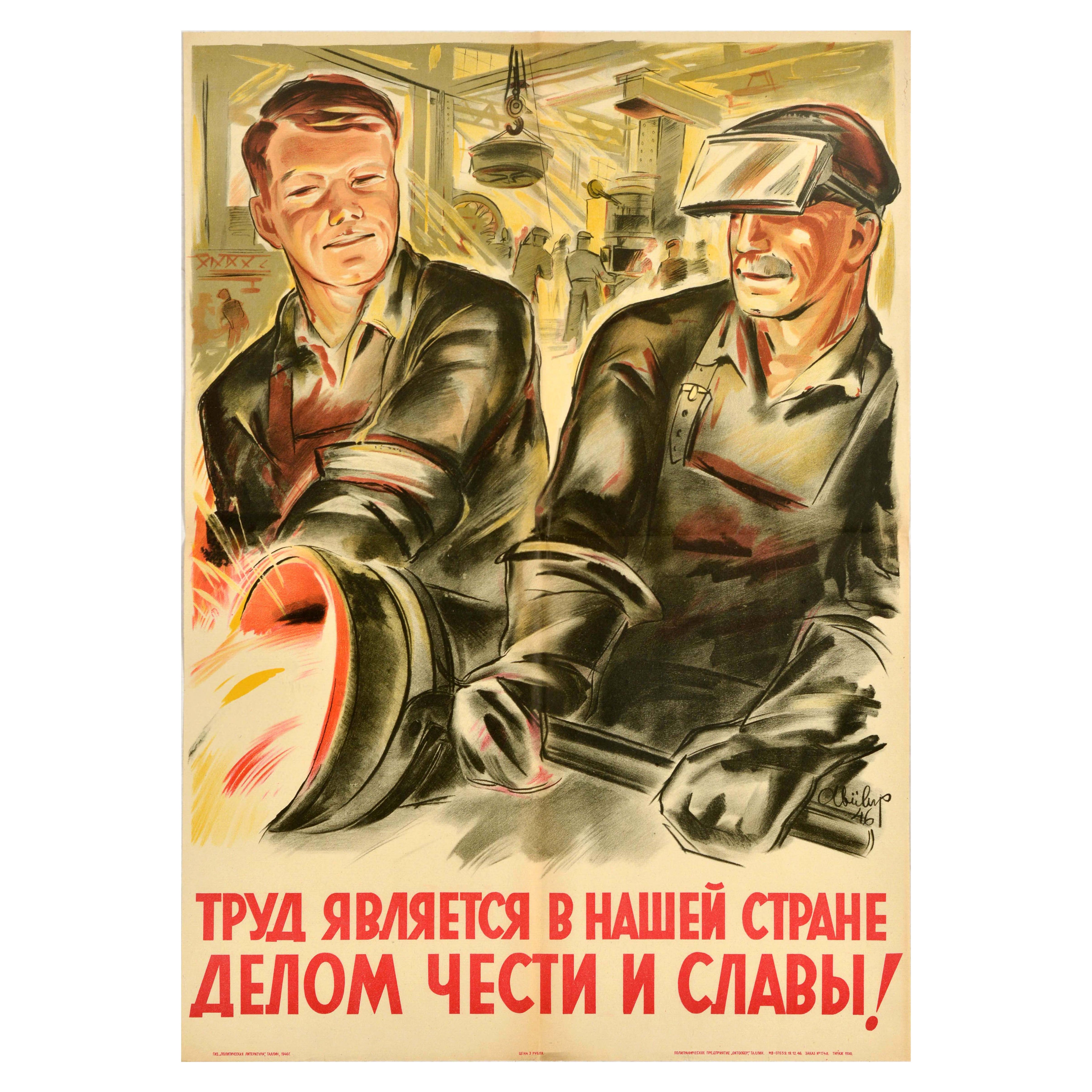 Original Vintage Sowjetische Arbeit Motivation Poster Arbeit ist Ehre und Ruhm UdSSR