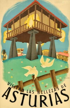 Original Vintage Spain Travel Poster Asturi Horreo Asturias Teodoro Delgado