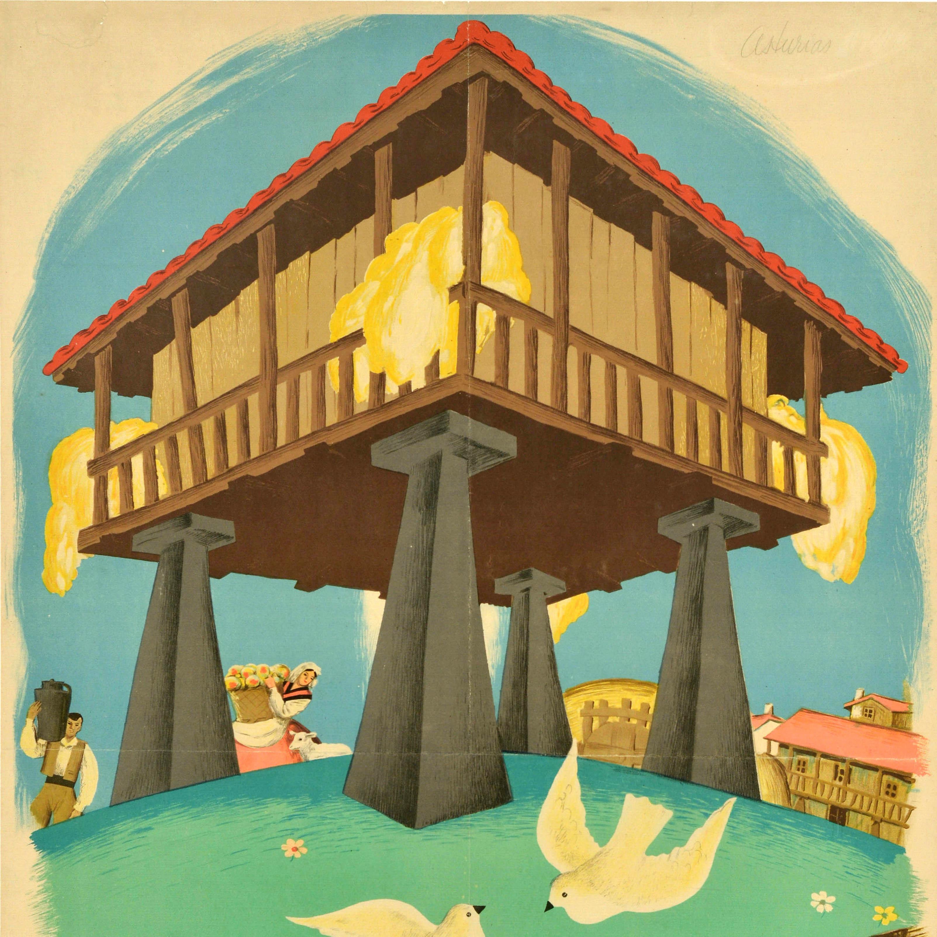 Spagnolo Poster di viaggio originale della Spagna d'epoca Asturi Horreo Asturias Teodoro Delgado in vendita