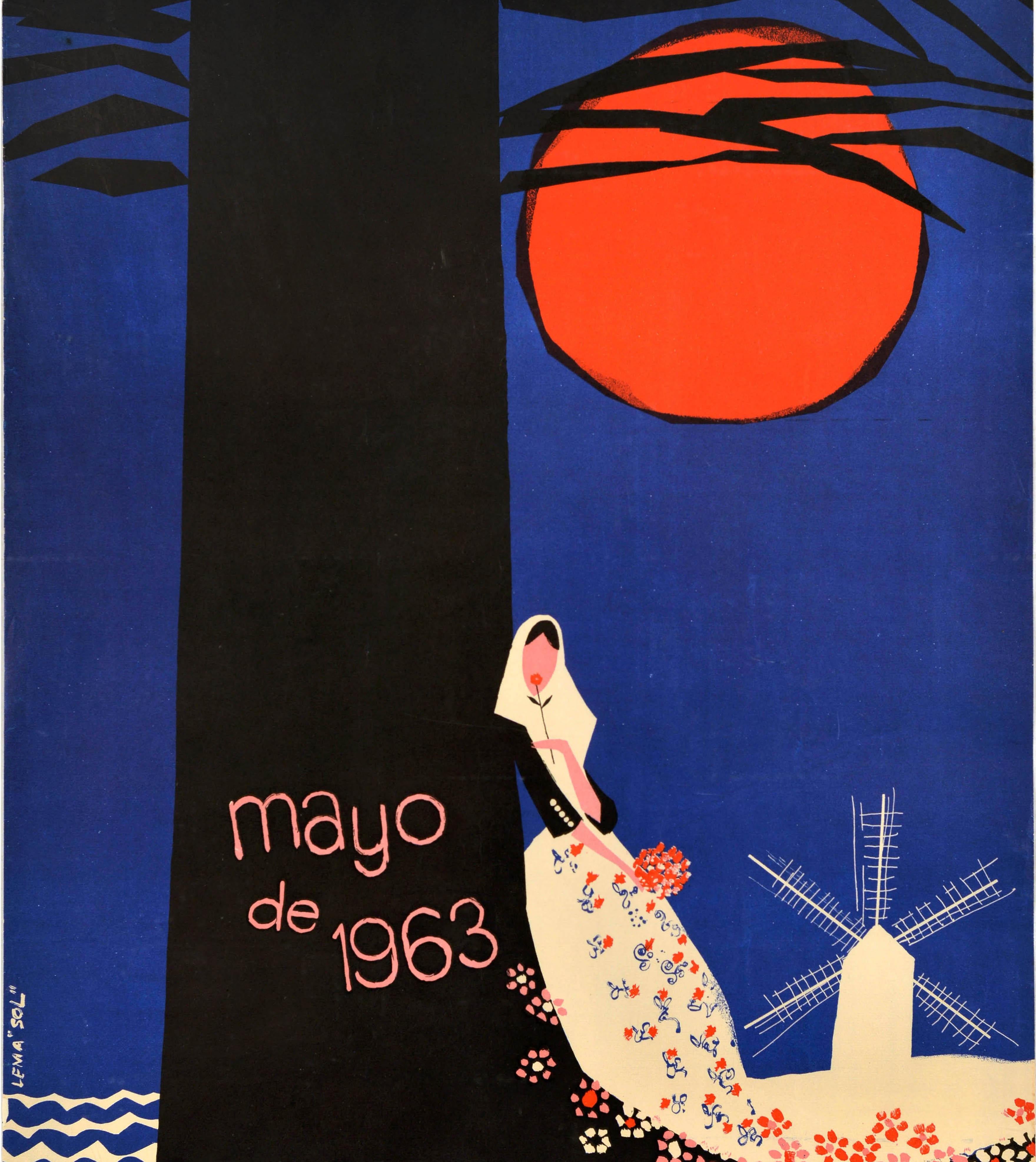 Manifesto di viaggio originale d'epoca in Spagna per il Festival di Primavera del Comune di Palma di Maiorca del maggio 1963 / Mayo de 1963 Excmo. Ayuntamiento de Palma de Mallorca Fiestas de Primavera - raffigurazione di una signora che tiene in