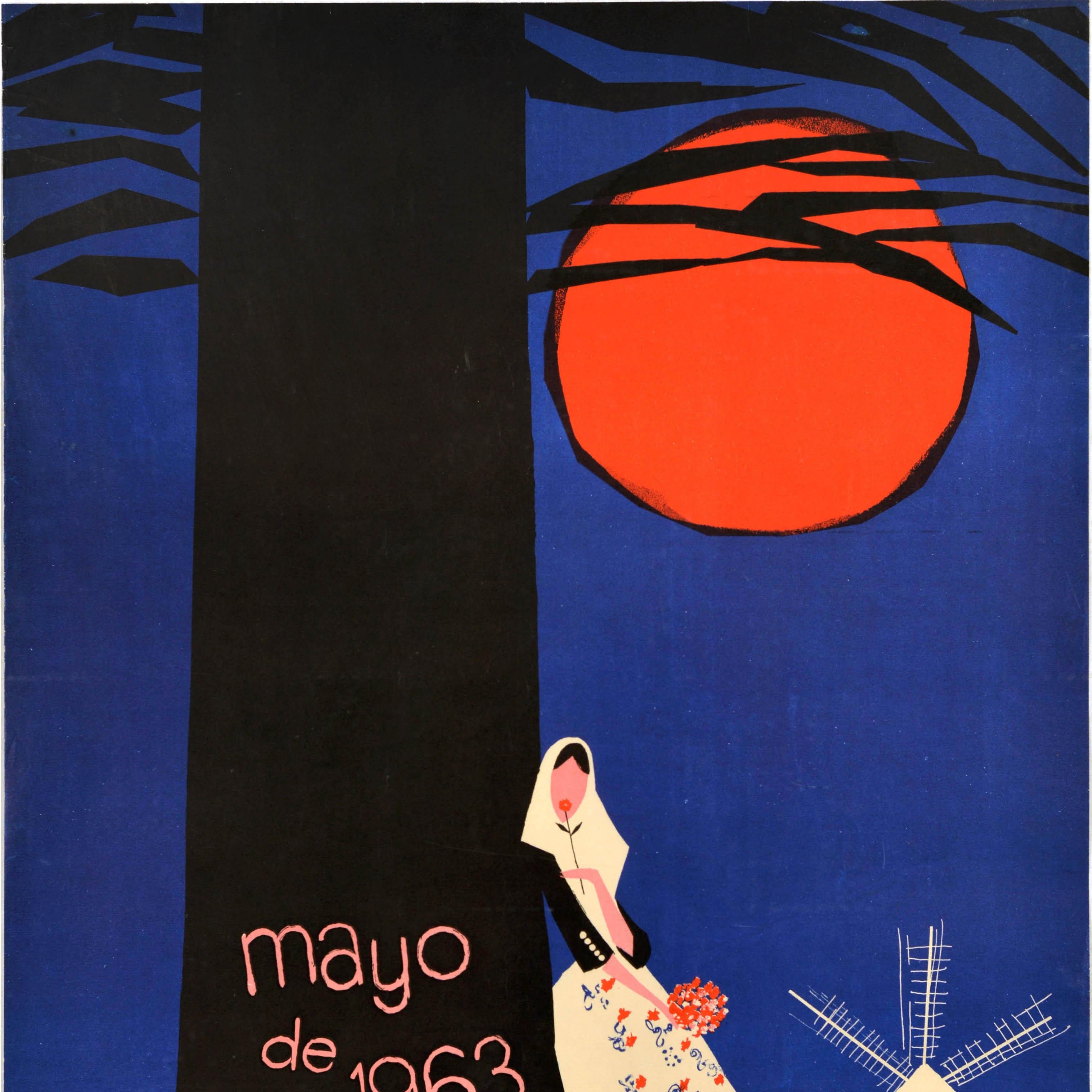Spagnolo Poster di viaggio originale d'epoca Palma di Maiorca Festival di Primavera Garbaya in vendita