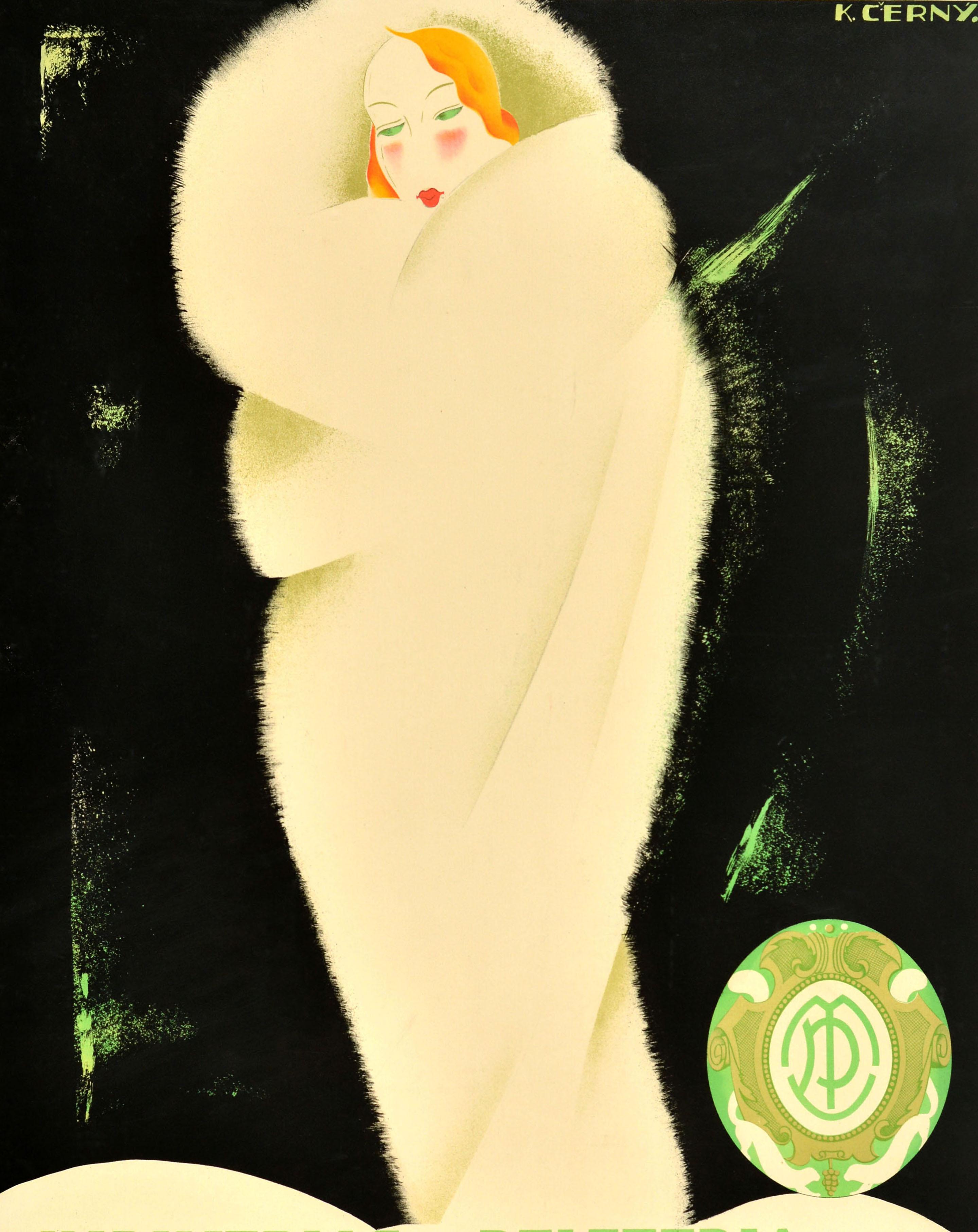 Original vintage Spanish clothing advertising poster - Industrias de Peleteria Tapbioles y Pirretas Fur Industry Barcelona - featuring an elegant Art Deco design by the Czech artist Karel Cerny (1910-1960) depicting a fashionably dressed lady in