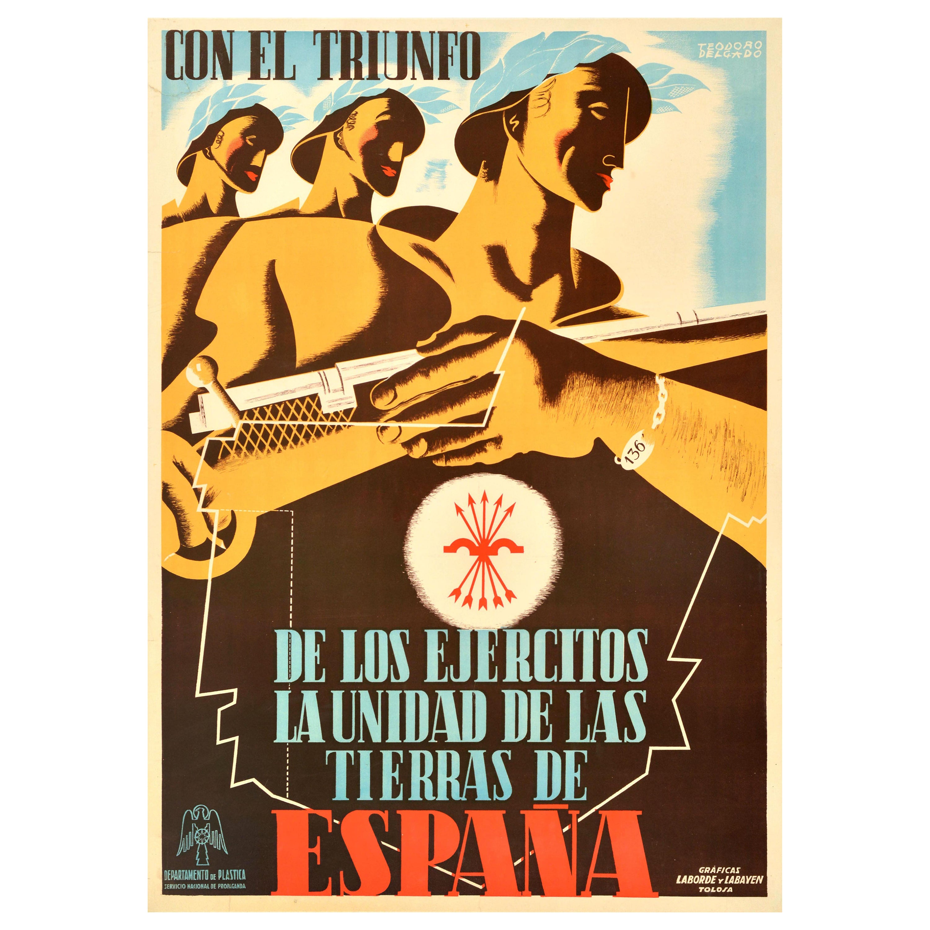 Affiche vintage d'origine de la guerre civile espagnole Con El Triunfo, Triumphe d'unité des armoiries