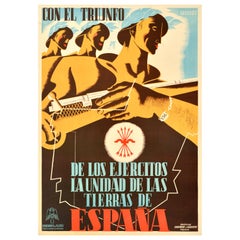 Original Vintage Spanish Civil War Poster Con El Triunfo Triumph Of Armies Unity