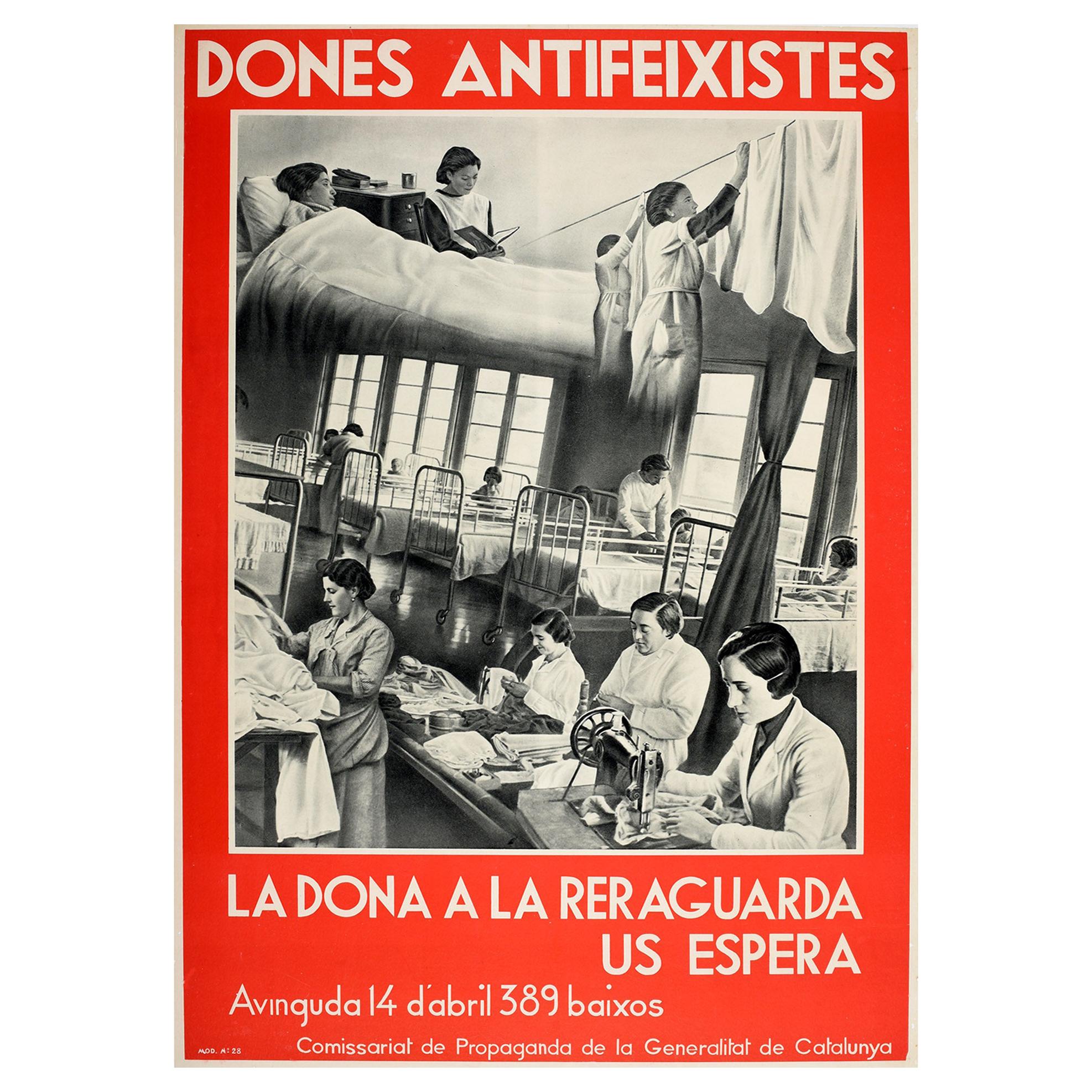 Original Vintage Cartel Guerra Civil Española Dones Antifeixistes Mujeres Antifascistas