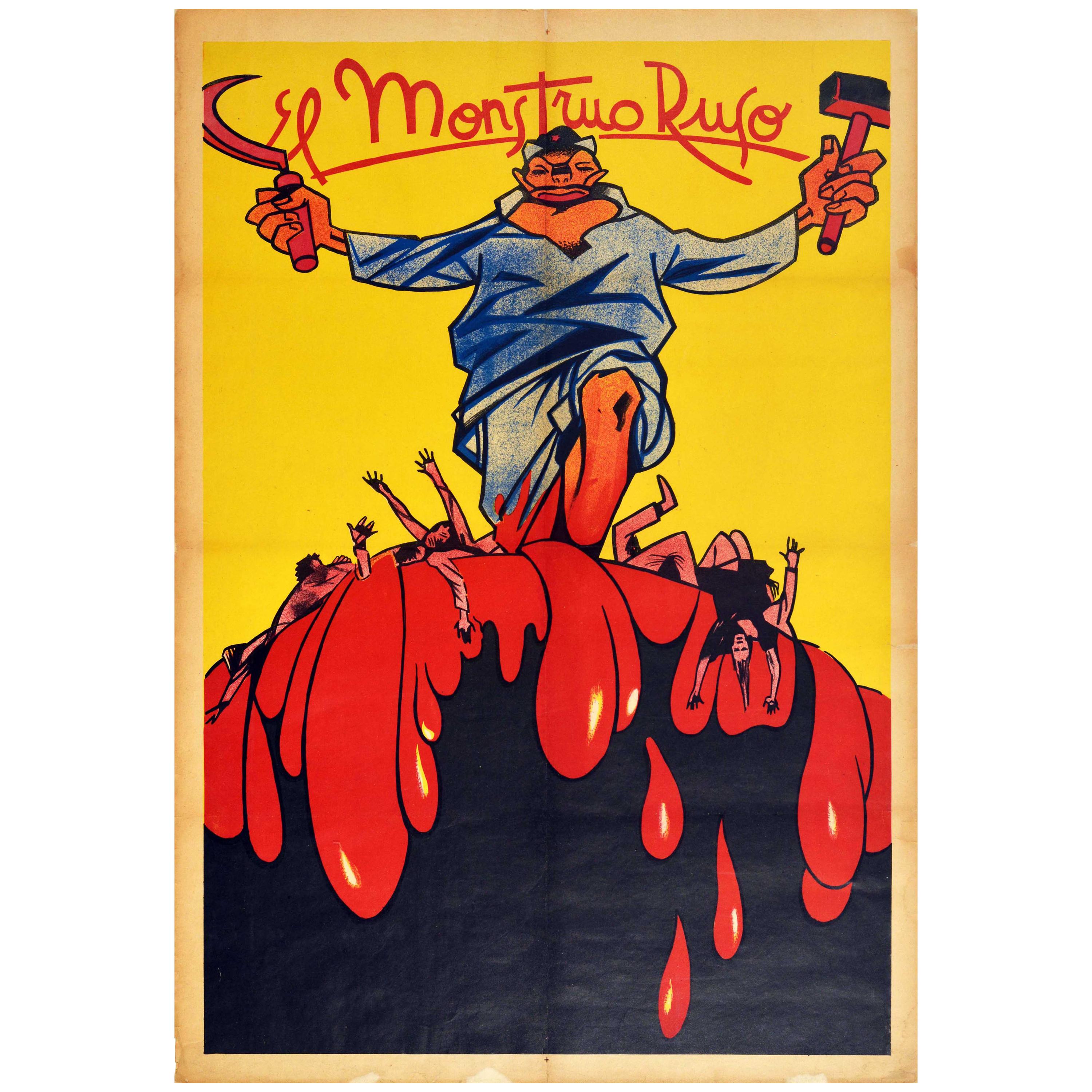 Original Vintage Spanish Civil War Poster El Monstruo Ruso The Russian Monster For Sale
