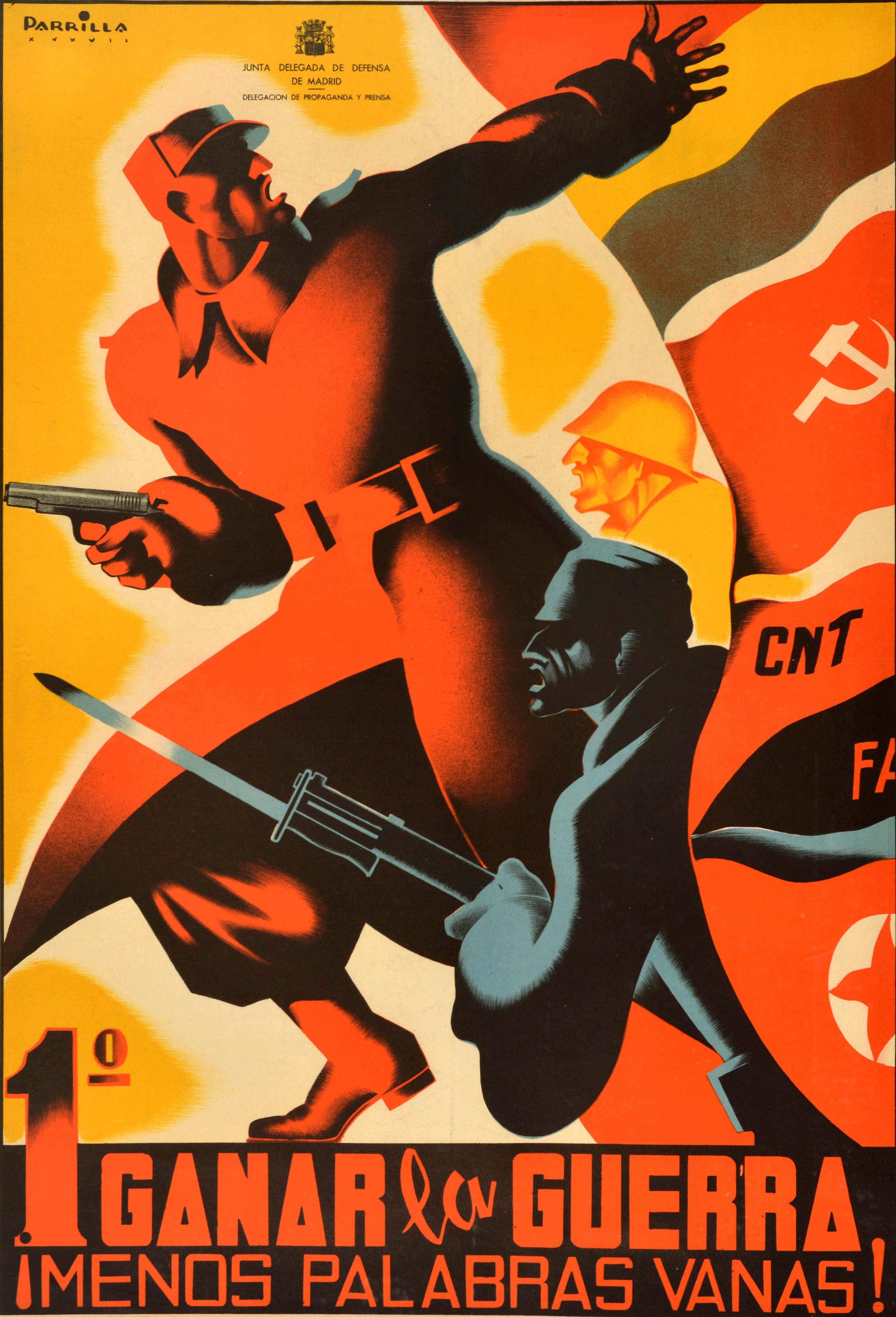 Manifesto di propaganda originale della guerra civile spagnola (1936-1939) pubblicato dal Consiglio di Difesa di Madrid (1936-1937) Delegazione di Propaganda e Stampa / Junta de Defensa de Madrid Delegacion de Propaganda y Prensa - Prima vincere la