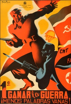 Affiche vintage d'origine de la guerre civile espagnole « First Win The War Fewer Idle Words »