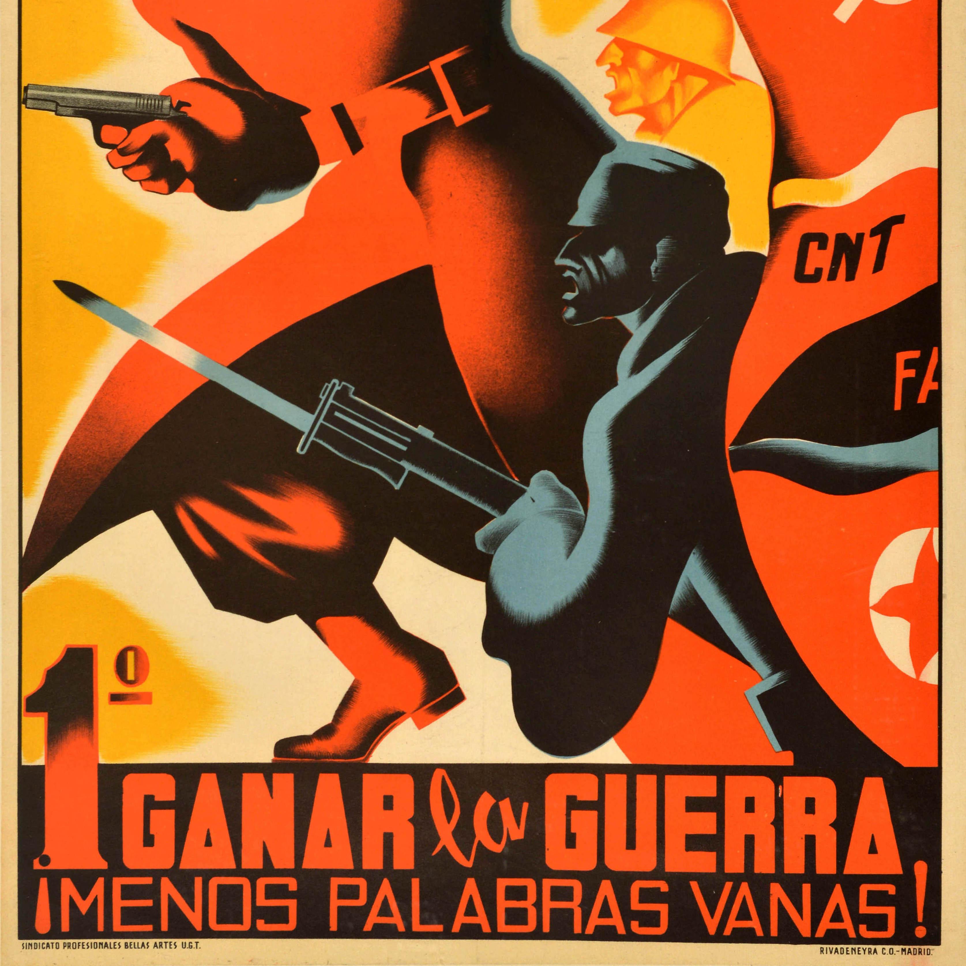 Poster originale della guerra civile spagnola d'epoca Prima vinci la guerra Meno parole vuote In condizioni buone in vendita a London, GB