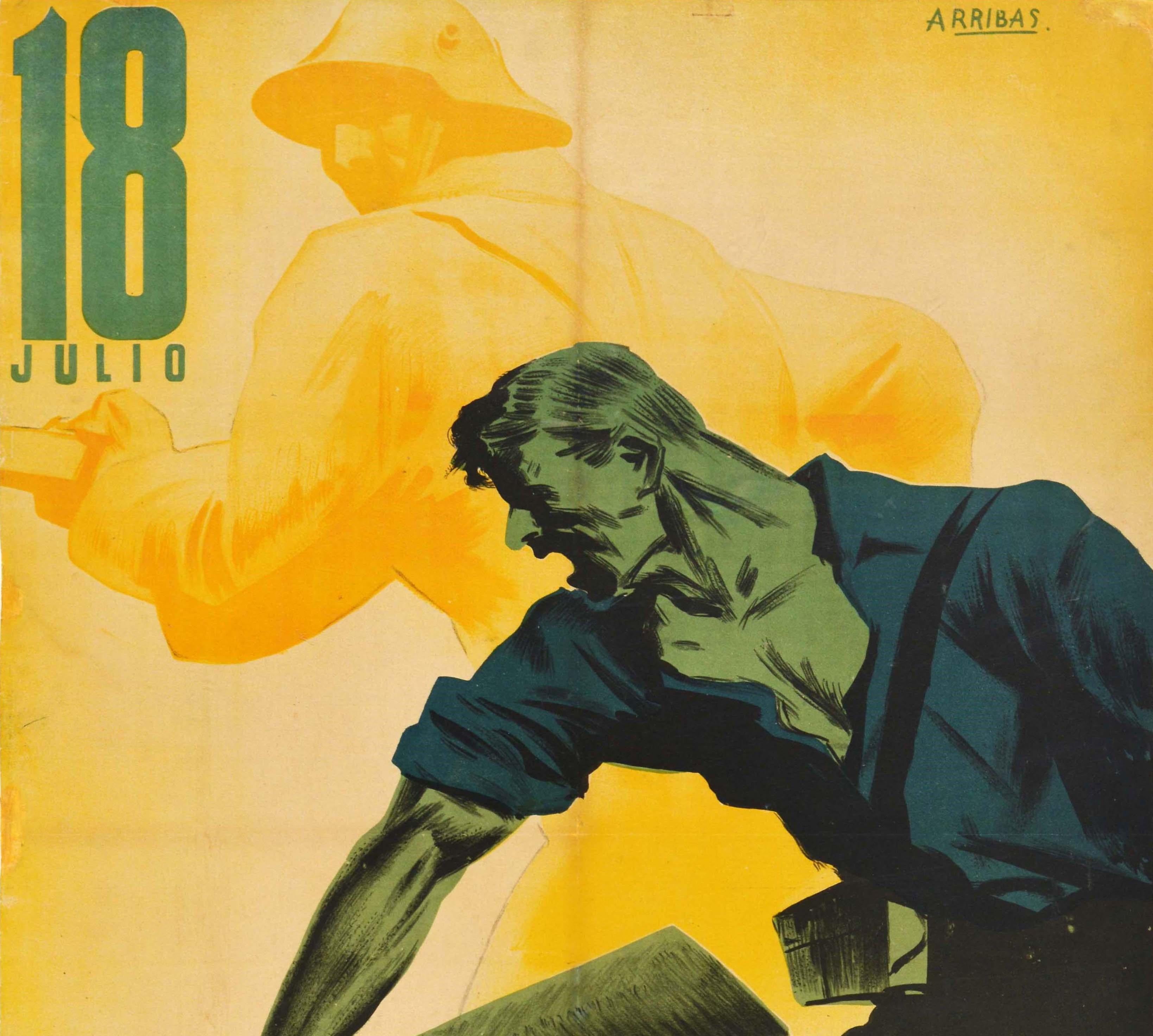 Originales Propagandaplakat für den Spanischen Bürgerkrieg - 18 Julio 1936 1937 - zum Gedenken an den Jahrestag des spanischen Staatsstreichs von 1936 / Golpe de Estado de Espana de julio de 1936 und den Beginn des Spanischen Bürgerkriegs