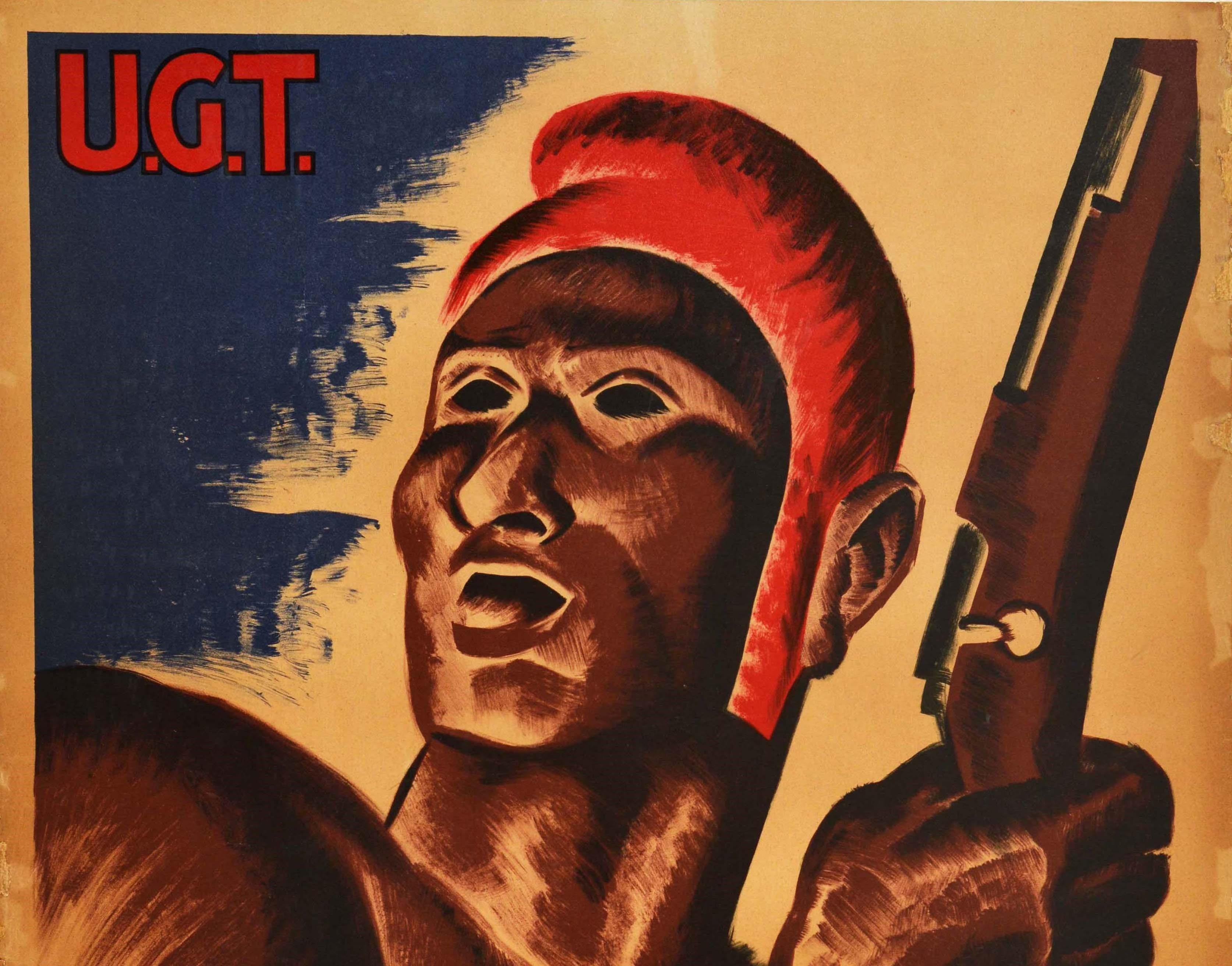 Original vintage Spanish Civil War poster - Workers! All Against Fascism / Treballadors! Tots contra el feixisme - featuring a dynamic warrior figure armed with a rifle gun above the bold text with the Union of Professional Designers / Sindicat de
