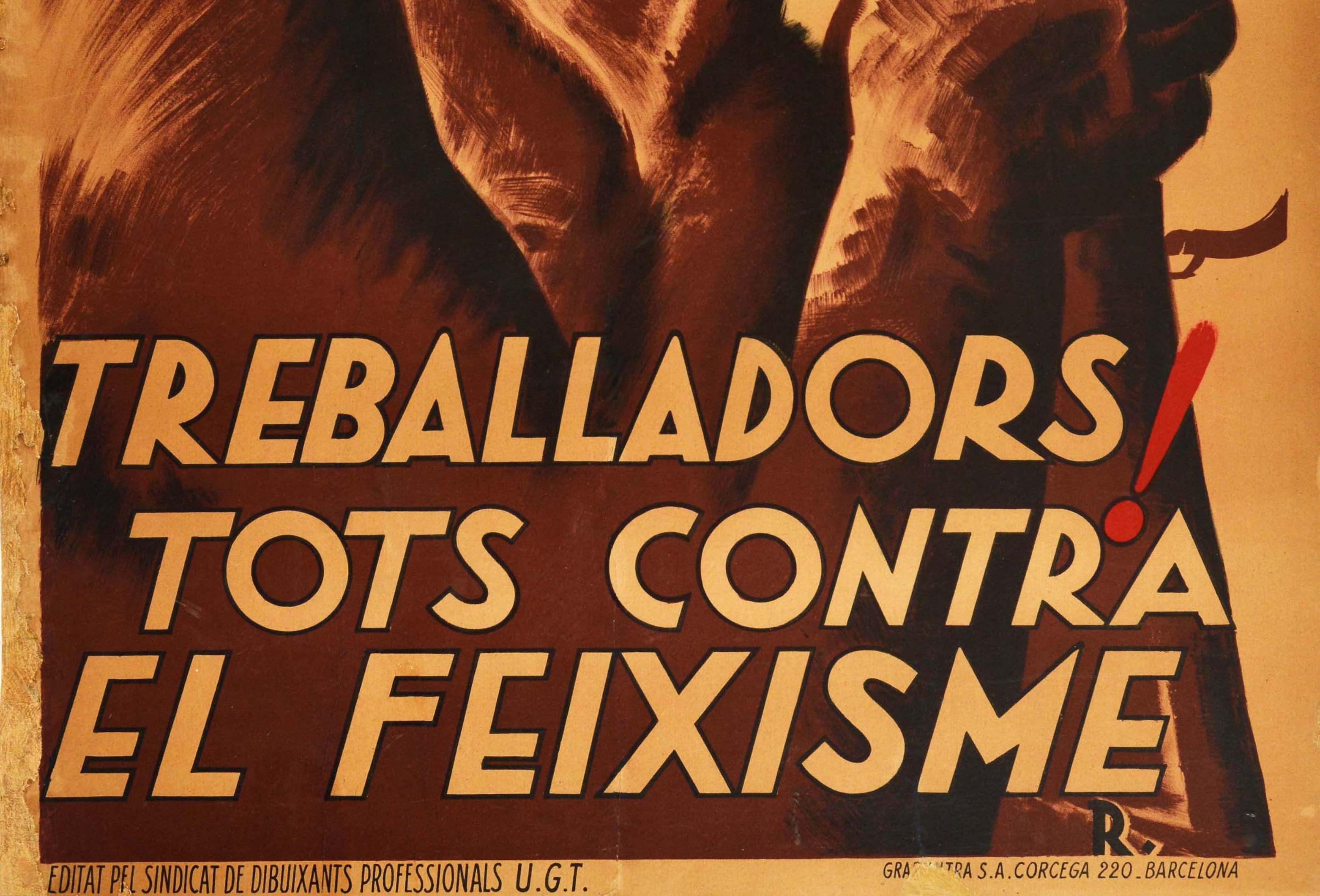 Original Vintage-Poster des spanischen Bürgerkriegs „ Treballadors“ Arbeiter gegen Faschismus (Spanisch) im Angebot