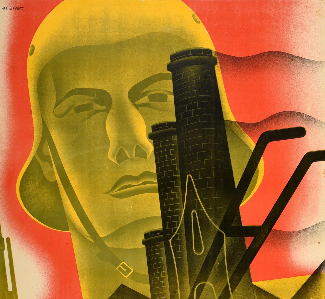 Original vintage Spanish Civil War propaganda poster - Disciplina / Discipline, featuring a great design by Nicolas Martinez Ortiz (1907-1990) depicting the face of a soldier wearing a helmet looming over an Industrial factory with dark brick