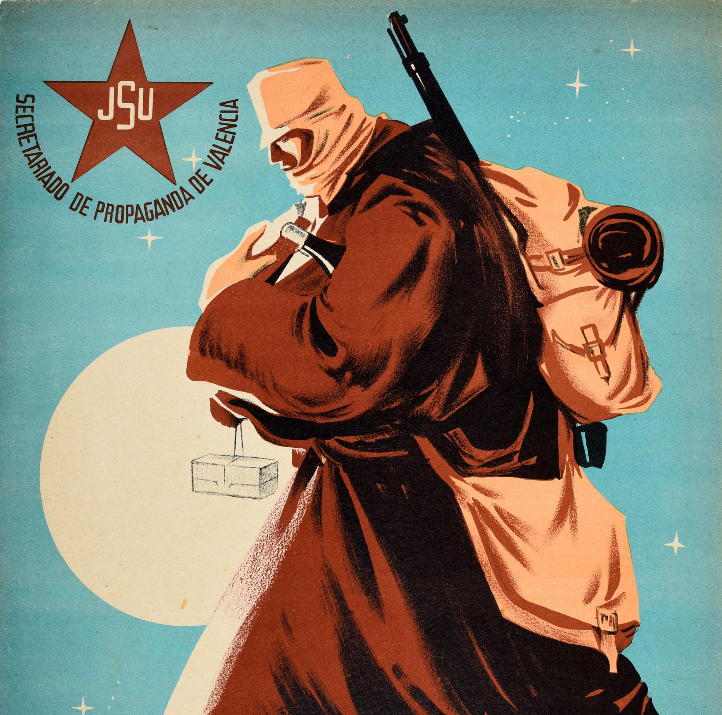 Original vintage Spanish Civil War propaganda poster - The Militiaman's Reward / El Aguinaldo Del Miliciano - featuring a dynamic design depicting a man in warm winter clothing holding a gun and backpack walking in the snow in front of a full moon