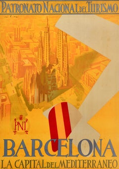 Original Vintage Spanish Travel Poster Barcelona Capital Of The Mediterranean