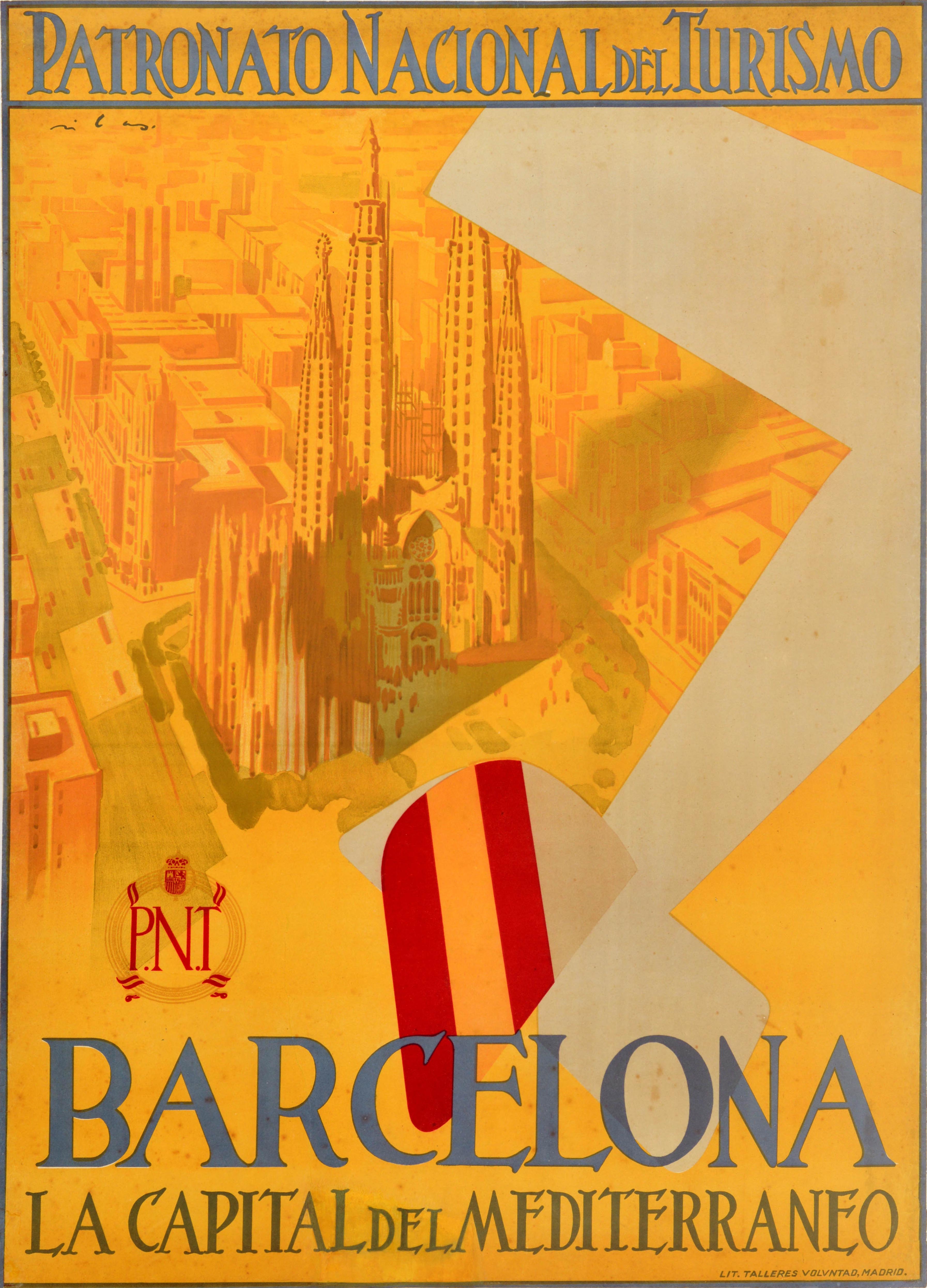 Affiche de voyage espagnole vintage originale : « Barcelone, capitale de la Méditerranée »