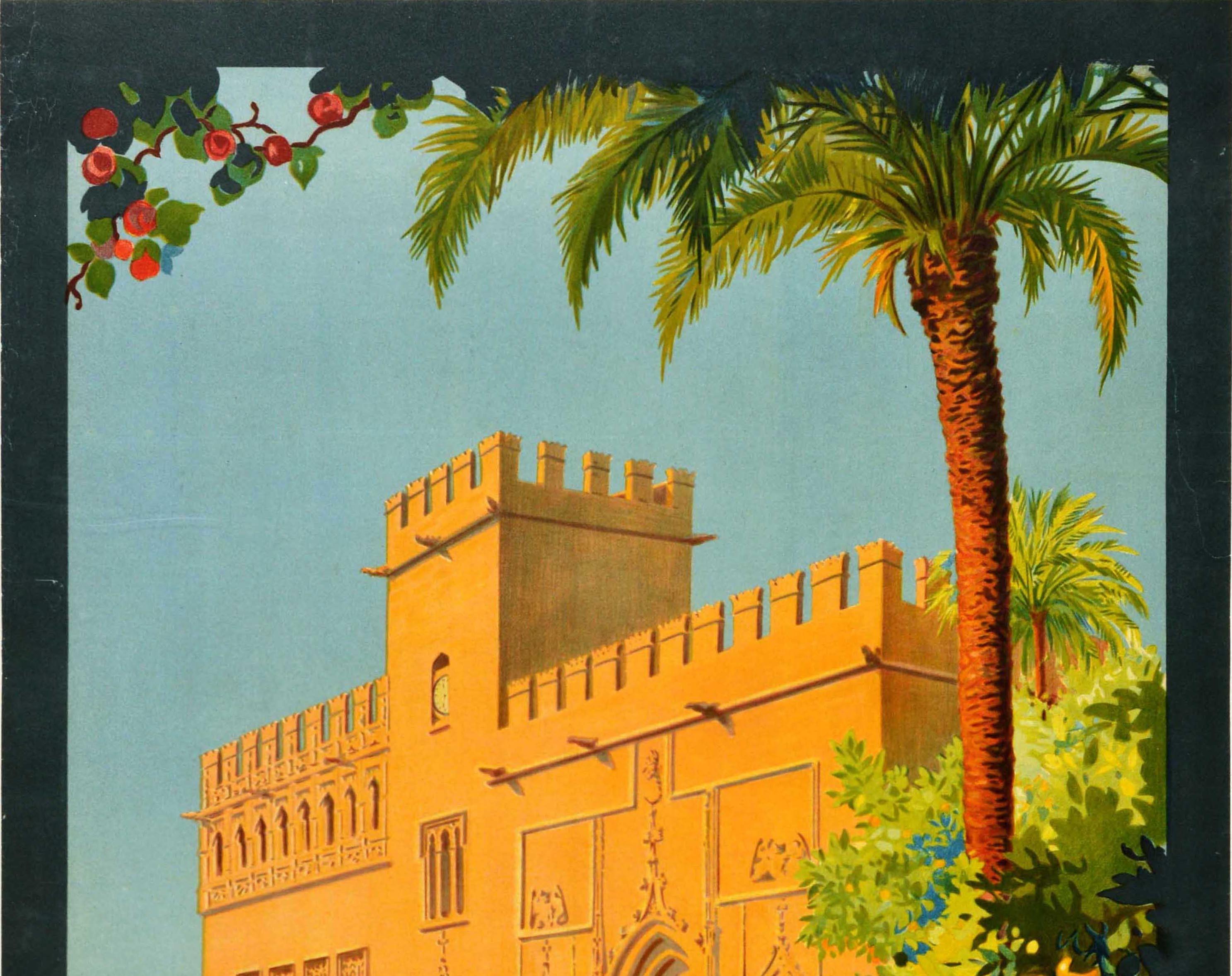 Original vintage travel poster for Valencia Sovereign of Nature / Soberana de la Naturaleza issued by Fomento Del Turismo. Stunning design featuring the historic 15th century Lonja de la Seda Silk Exchange building framed by a palm tree with fruit