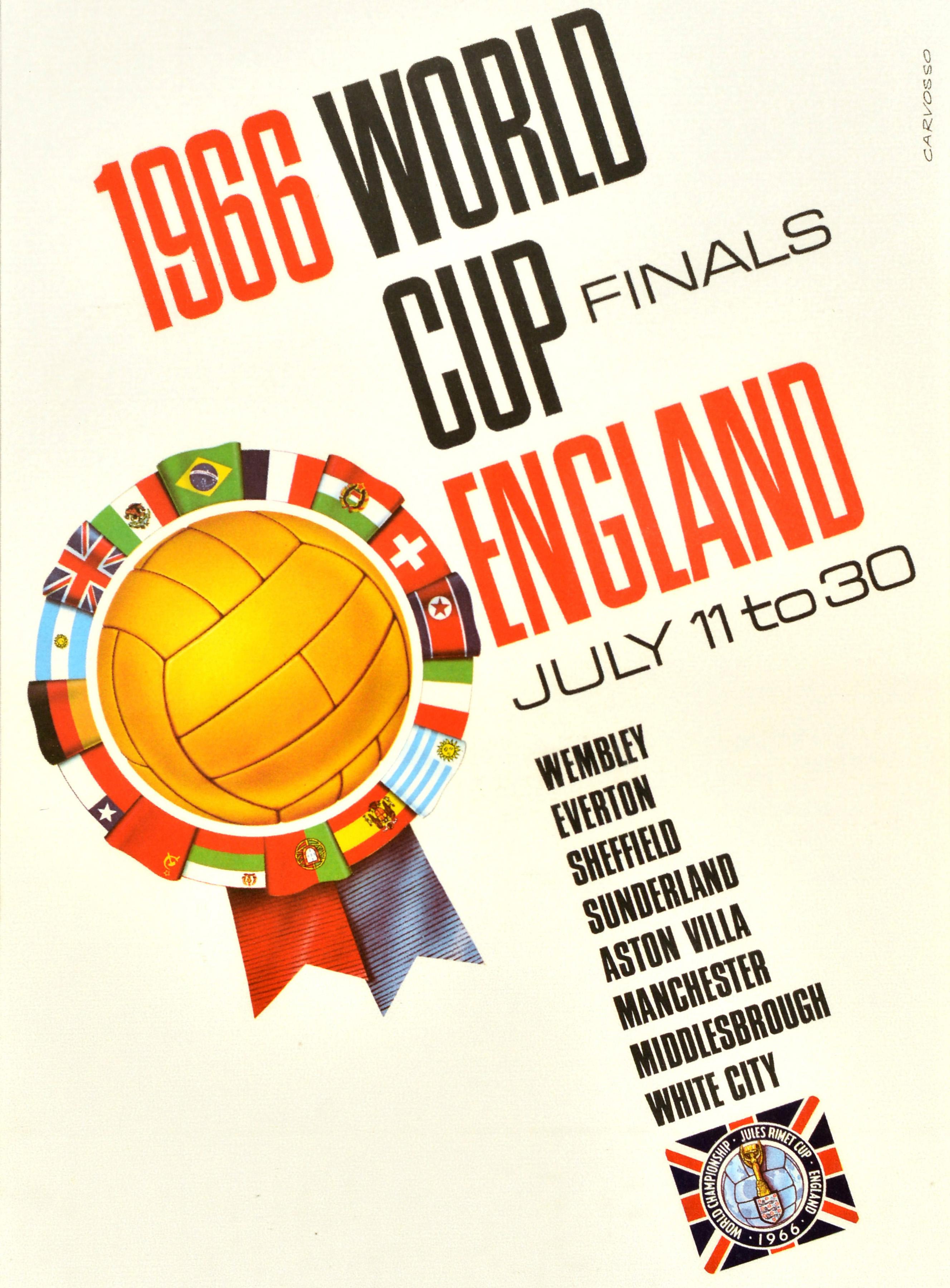 Poster pubblicitario sportivo originale d'epoca per le finali della Coppa del Mondo del 1966, tenutesi in Inghilterra dall'11 al 30 luglio negli stadi di Wembley Everton Sheffield Sunderland Aston Villa Manchester Middlesbrough e White City, con una