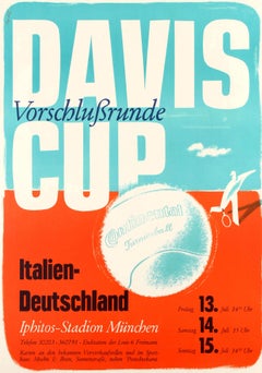 Original Vintage Sport Event Poster Davis Cup Tennis 1951 Italien Deutschland Roth