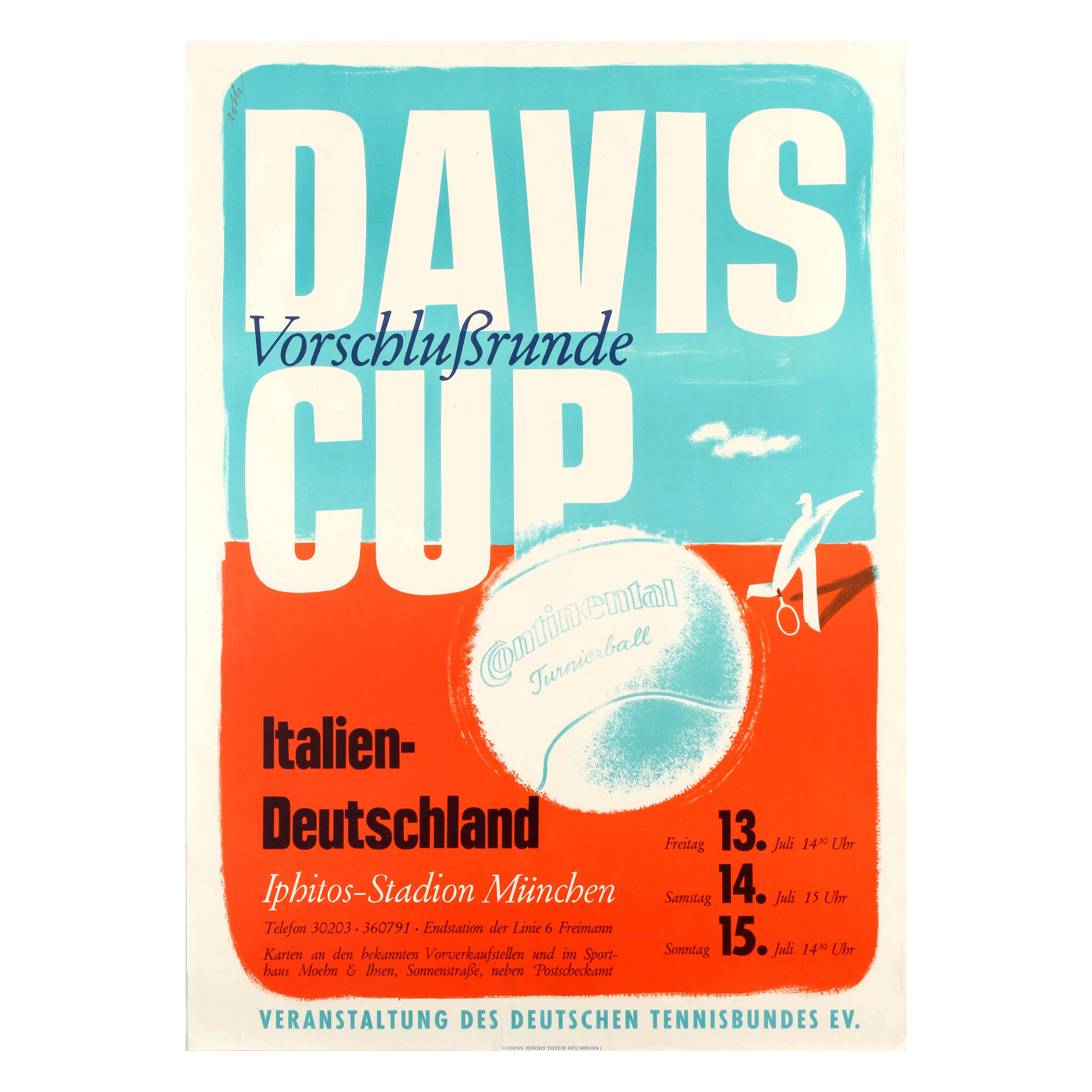 Poster originale d
epoca per eventi sportivi Coppa Davis Tennis 1951 Italia Germania Vintage By