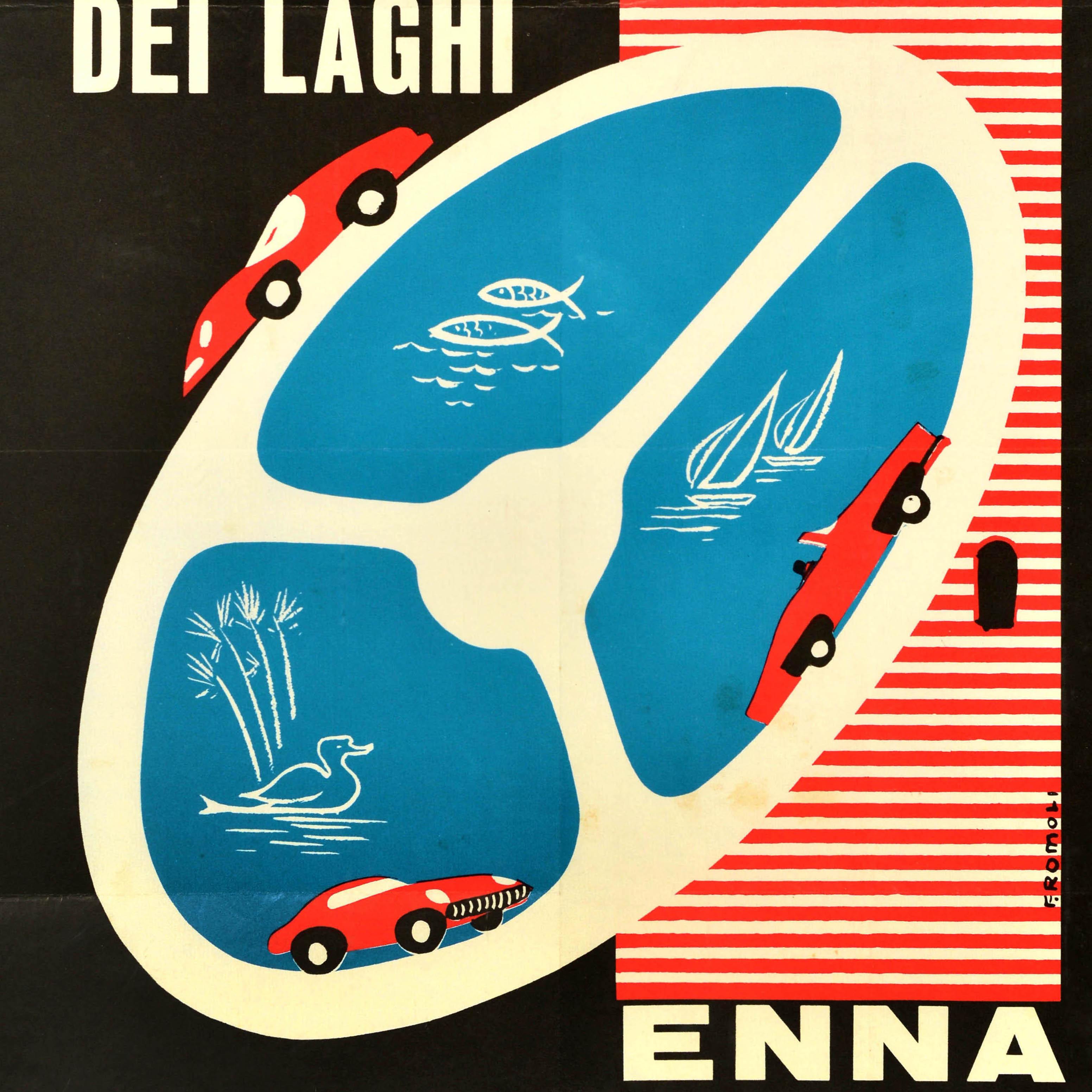 Original vintage sport event poster for the VI Raid Dei Laghi motor race held by the Enna Automobile Club on 29 June 1970 featuring a great graphic design depicting three red sports cars racing around a white steering wheel as the road around a lake