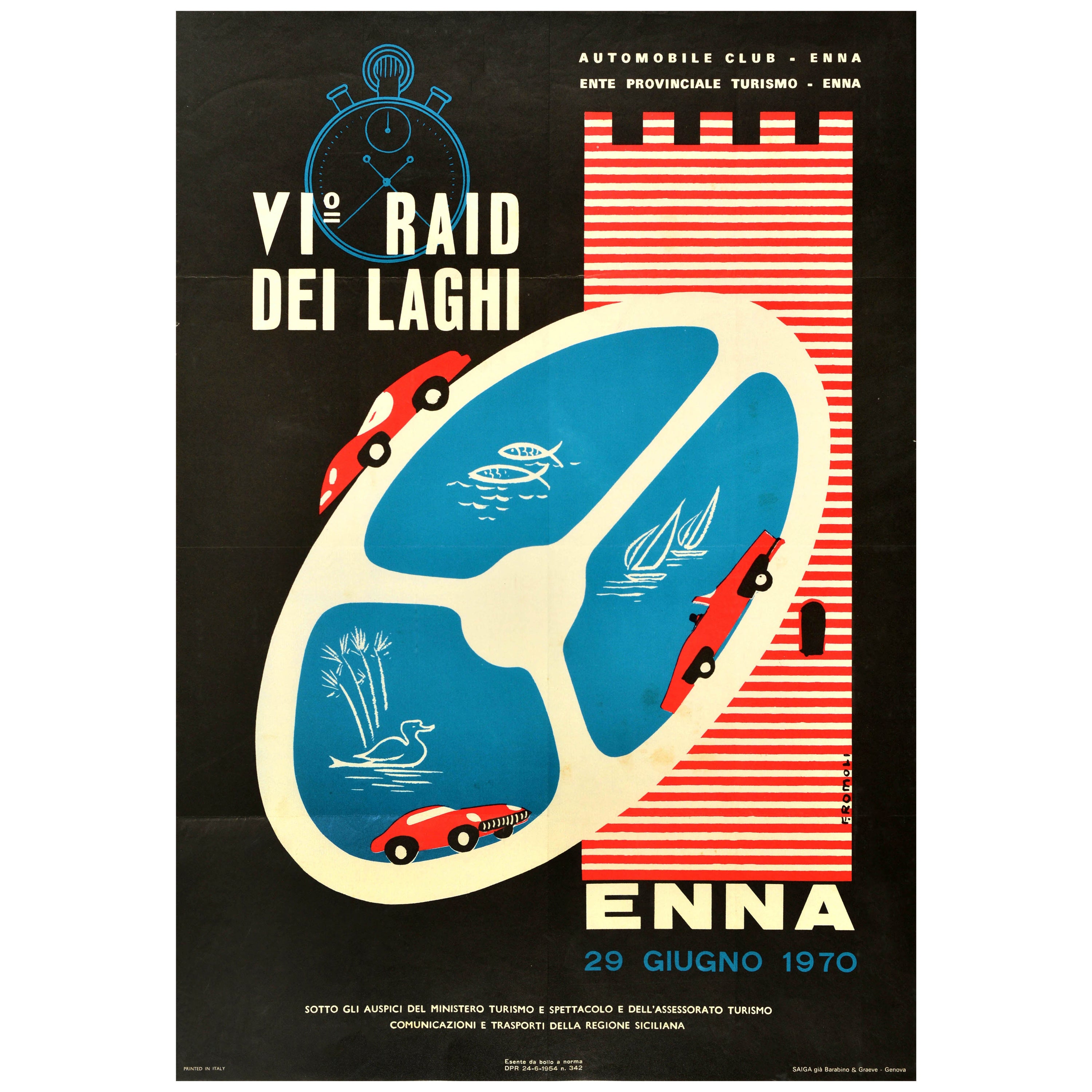 Poster originale d'epoca per evento sportivo Raid Dei Laghi Enna Sicilia Automobile Club in vendita