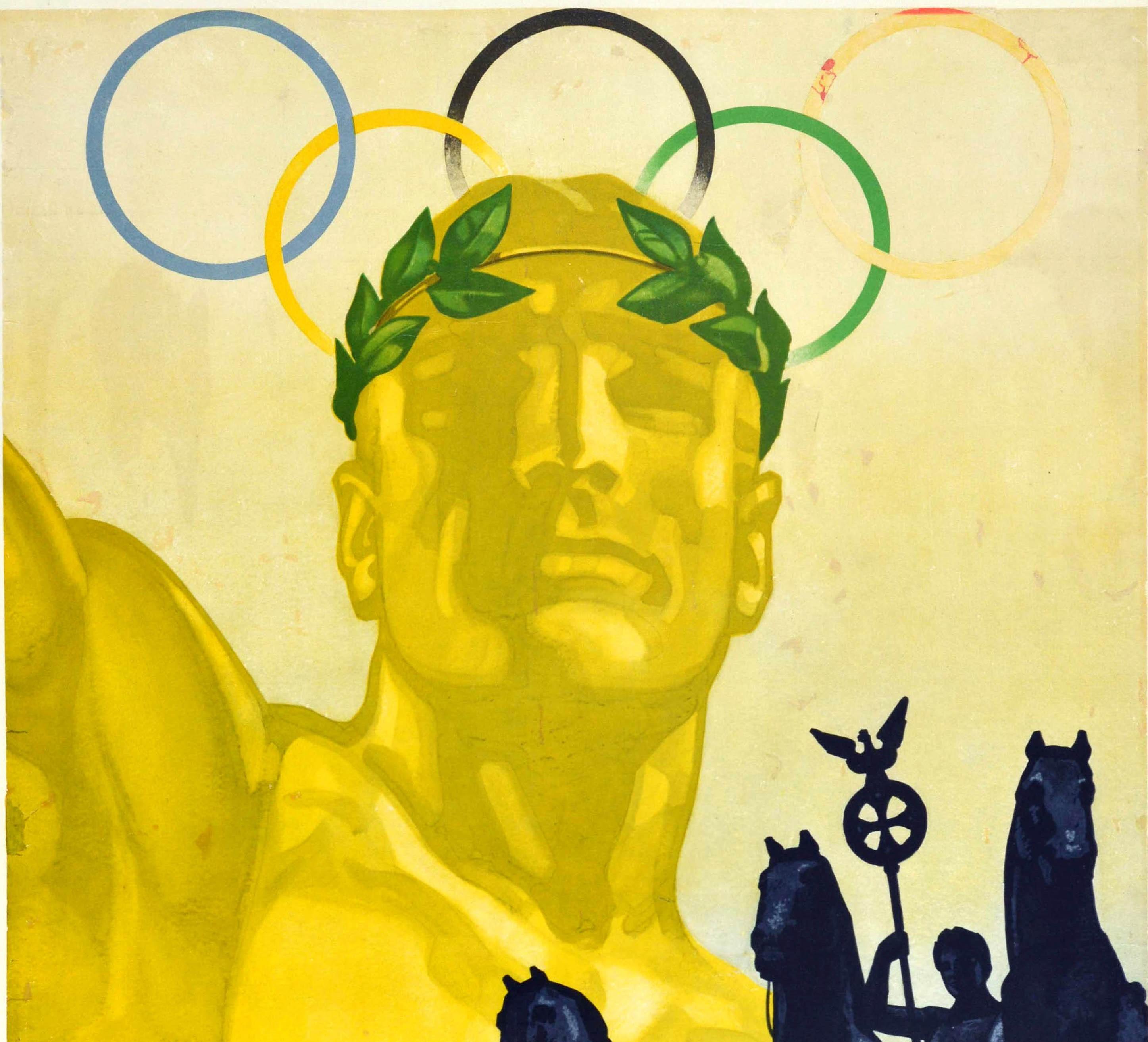 Original vintage Summer Olympic games poster for the 1936 Olympic Games held in Berlin from 1-16 August published by the German Railways Head Office for Tourist Traffic and the Propaganda Committee for the Olympic Games. Stunning classical