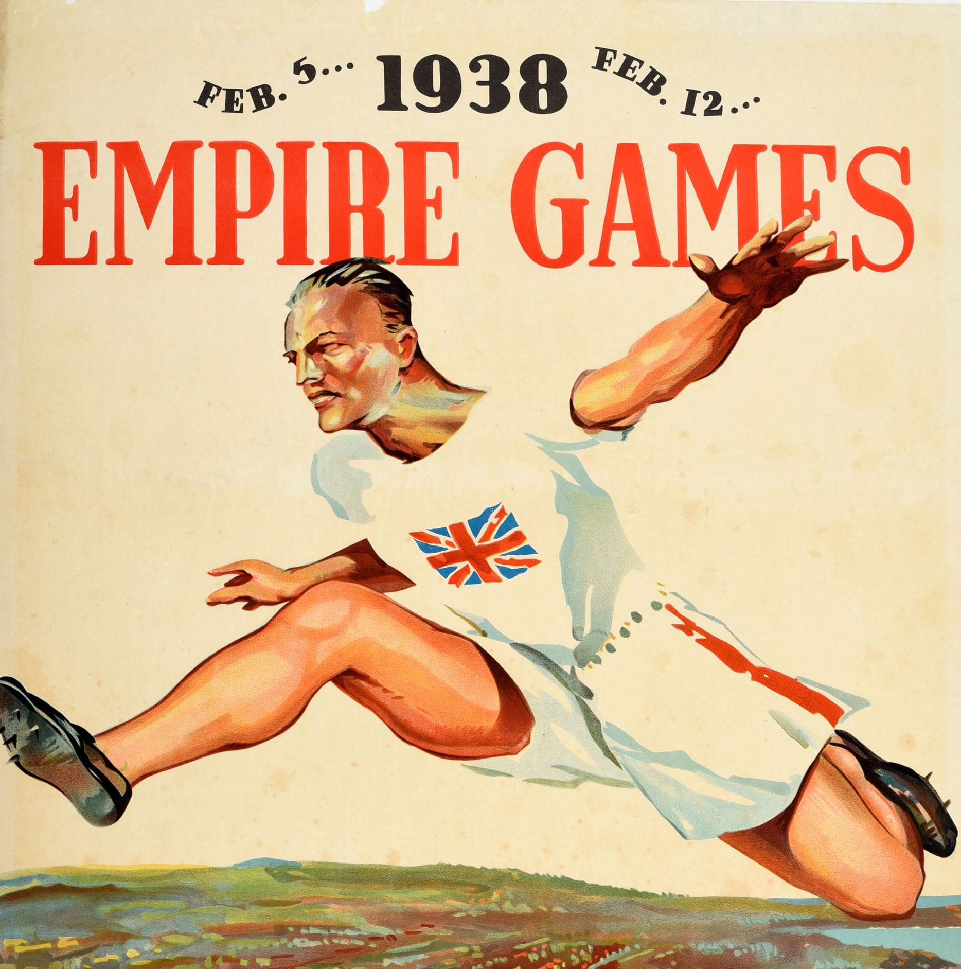 Original vintage sport event poster for the 1938 Empire Games Feb. 5... Feb. 12... Sydney calls you... Australia's 150th Anniversary Celebrations January 26 to April 25 1938. Great design by Charles Meere (1890-1961) of an athlete in a Union Jack