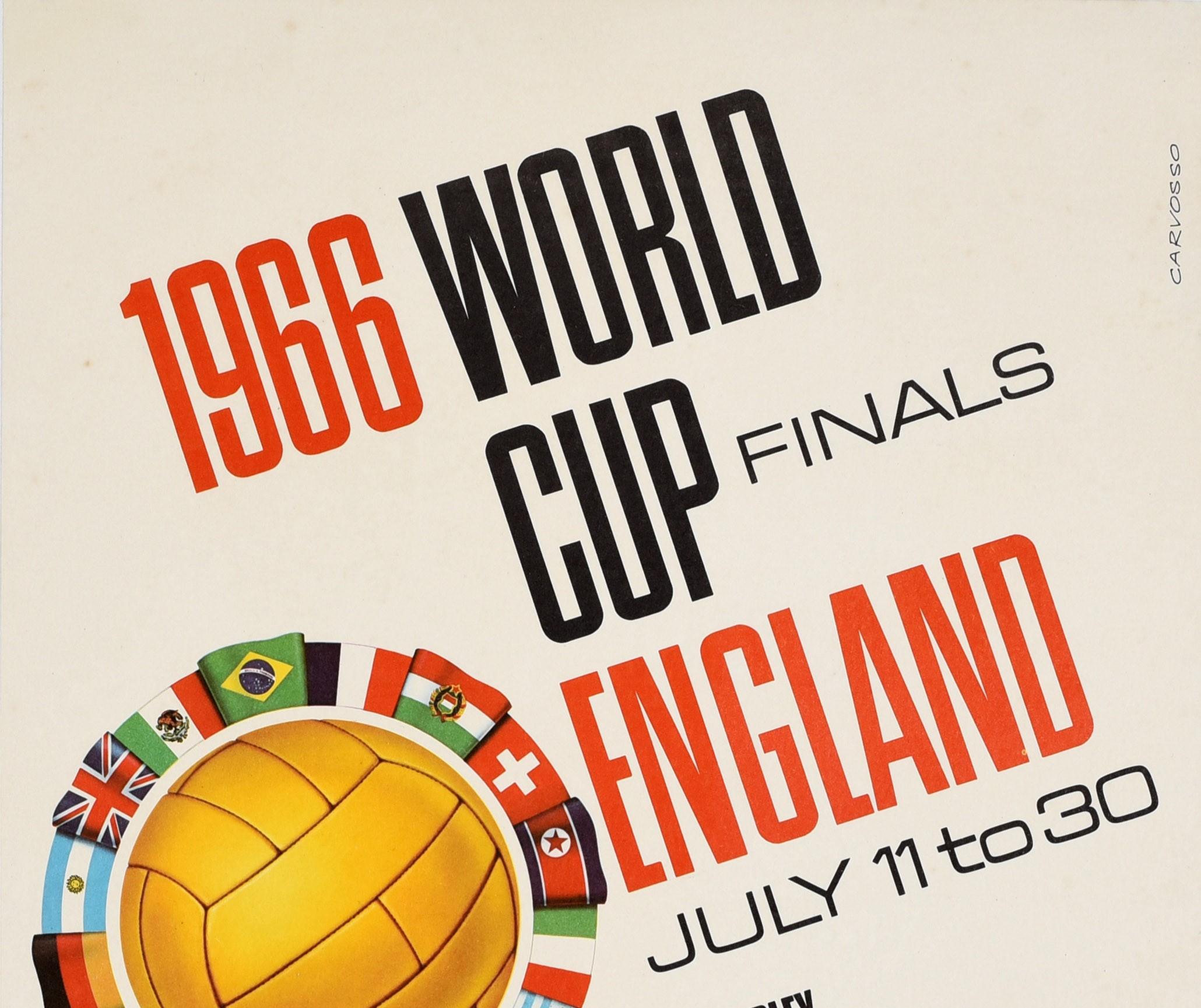 Affiche publicitaire originale pour la finale de la Coupe du monde 1966 qui s'est déroulée en Angleterre du 11 au 30 juillet dans les stades de Wembley Everton Sheffield Sunderland Aston Villa Manchester Middlesbrough et Vintage City. L'affiche