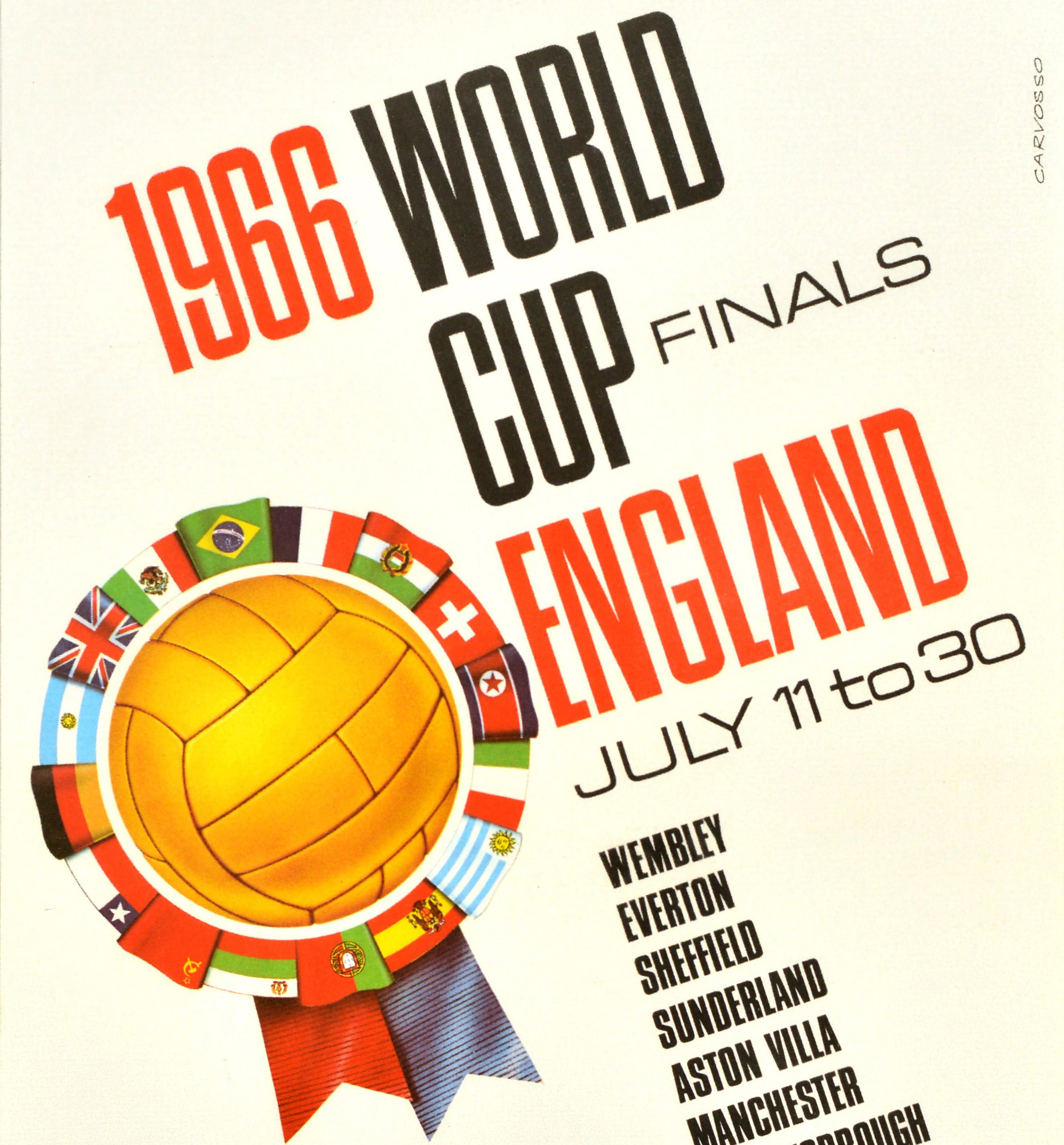 Original vintage sport advertising poster for the 1966 World Cup Finals held in England from 11 to 30 July at stadiums in Wembley Everton Sheffield Sunderland Aston Villa Manchester Middlesbrough and White City featuring a great illustration of a