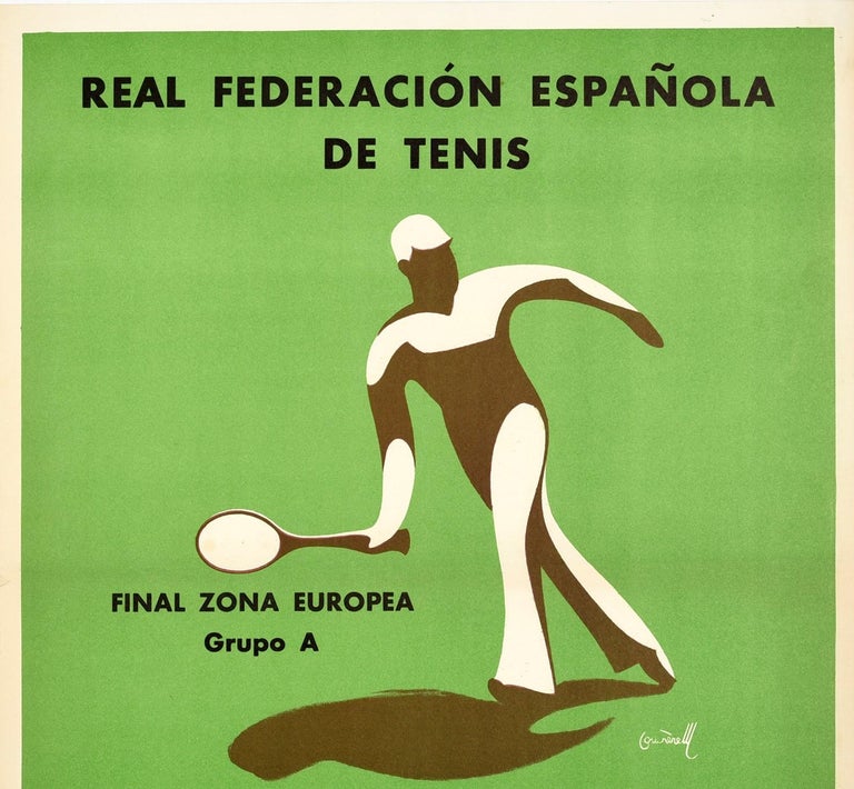 Original vintage sport poster for the 1967 Davis Cup Group A final match between Russia and Spain on 14 15 and 16 July in Barcelona featuring a great graphic design depicting a stylised image of a tennis player striding forward with his tennis