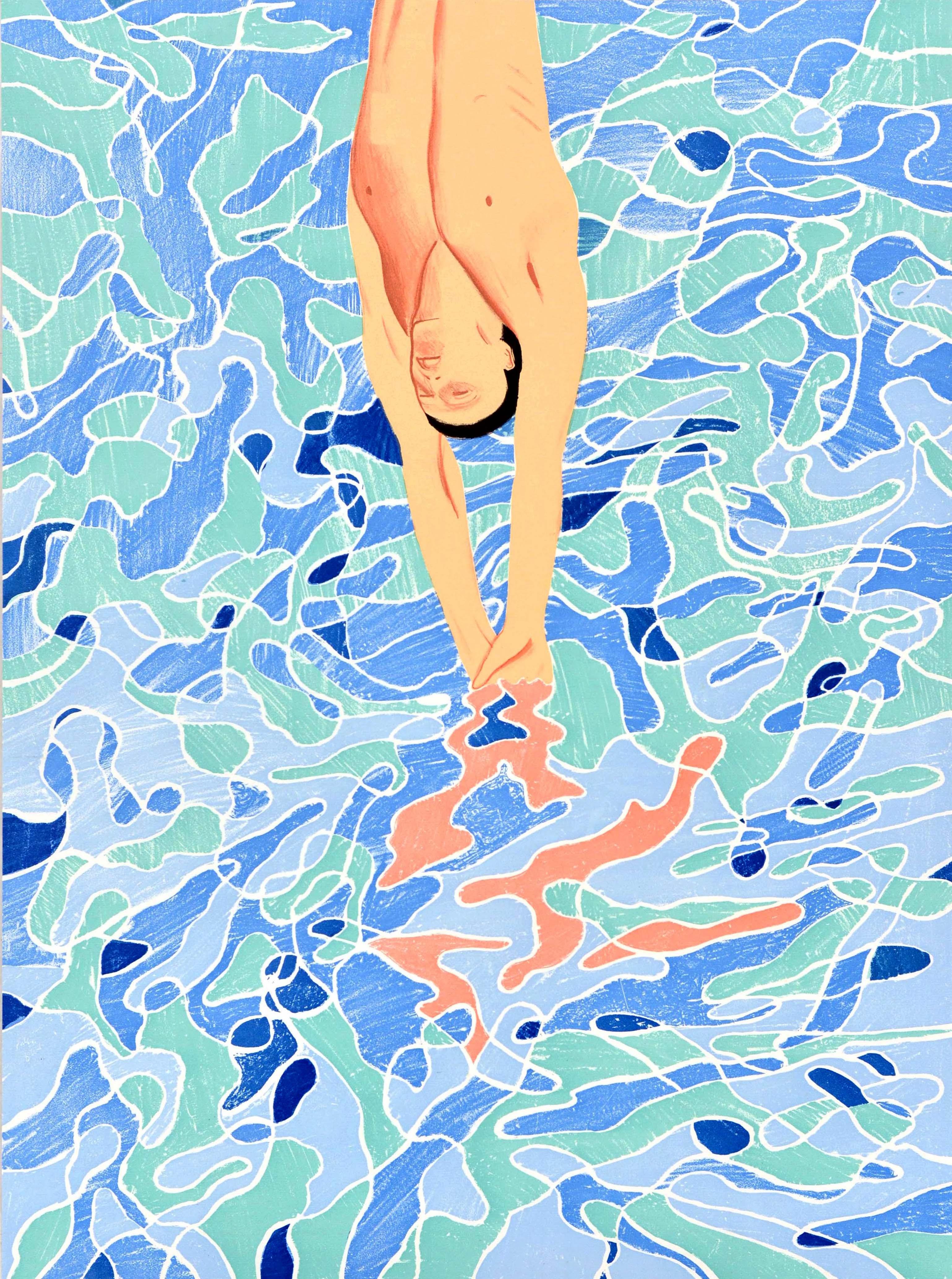 Poster originale d'epoca per le Olimpiadi estive del 1972 a Monaco di Baviera / Olympische Spiele Munchen con una grande immagine del noto artista britannico David Hockney (nato nel 1937) che raffigura un tuffatore con il suo riflesso sullo sfondo