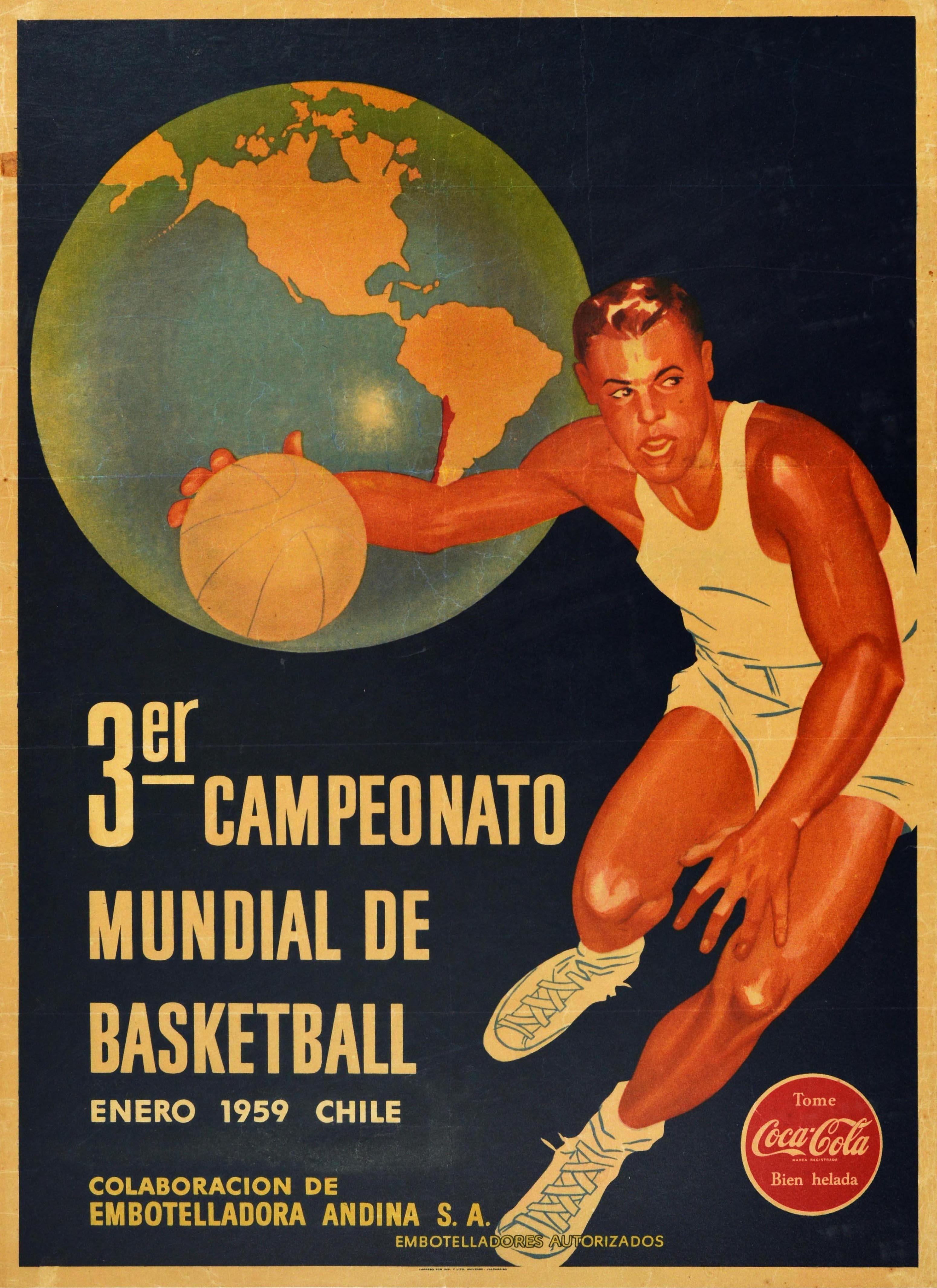 Original vintage sport poster for the 3rd World Basketball Championship held in January 1959 in Chile featuring an illustration of a basketball player in white kit and trainers dribbling the ball while running with a globe of the world marking Chile