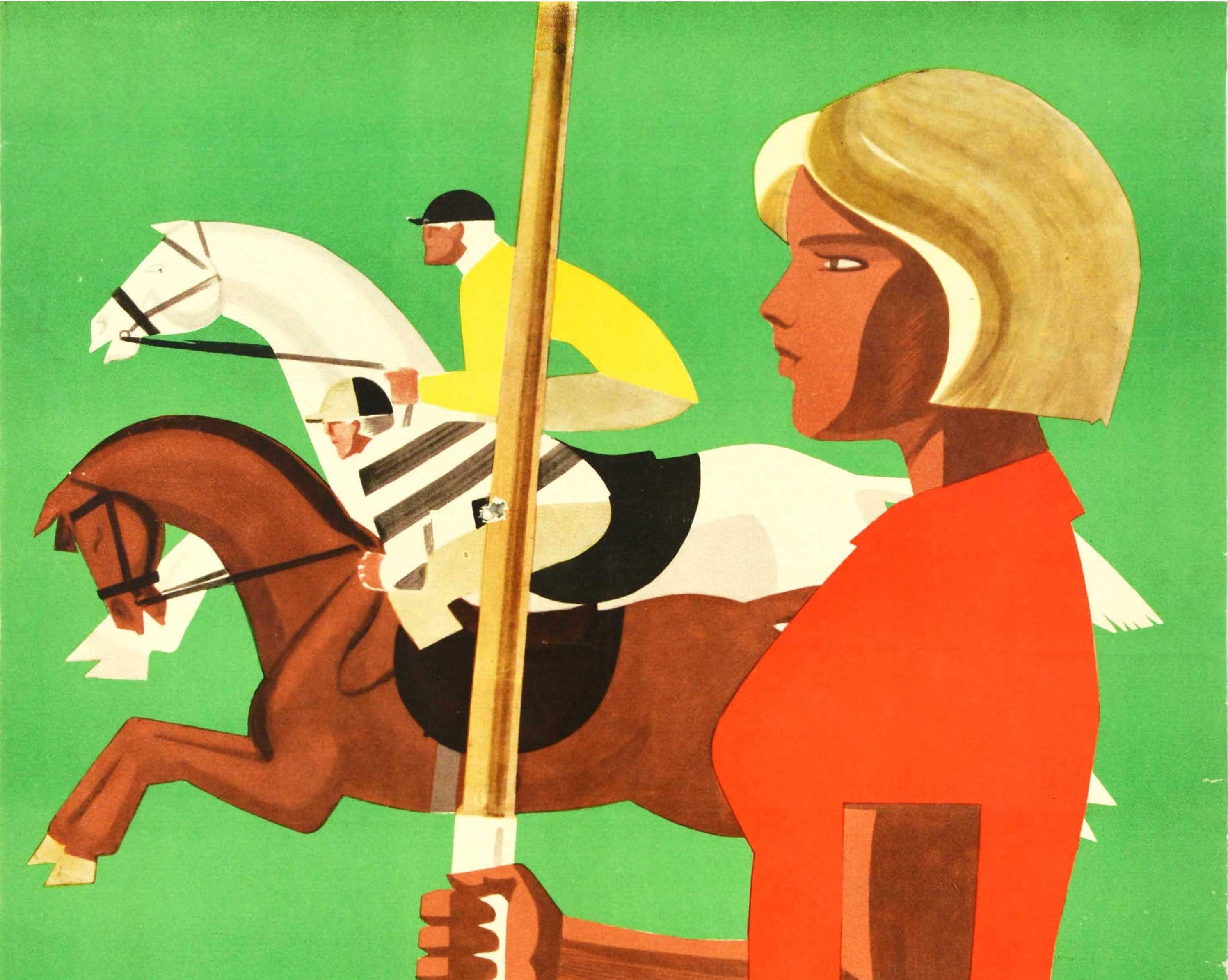 Original vintage Soviet sport poster - Under the banners of sports societies / ??? ??????? ?????????? ??????? - featuring a stylised illustration of an athlete holding a javelin in front of a jockey in a striped top racing a horse and a show jumper