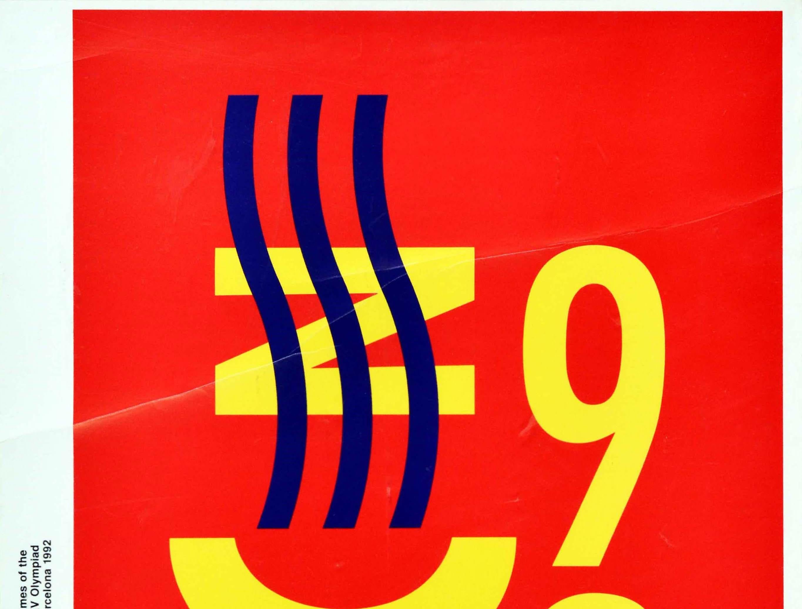 Original vintage sport poster for the 1992 Summer Olympics held in Barcelona Spain / Games of the XXV Olympiad held from 25 July to 9 August featuring a great graphic design depicting a stylised Olympic flame over the bold yellow letters BCN for