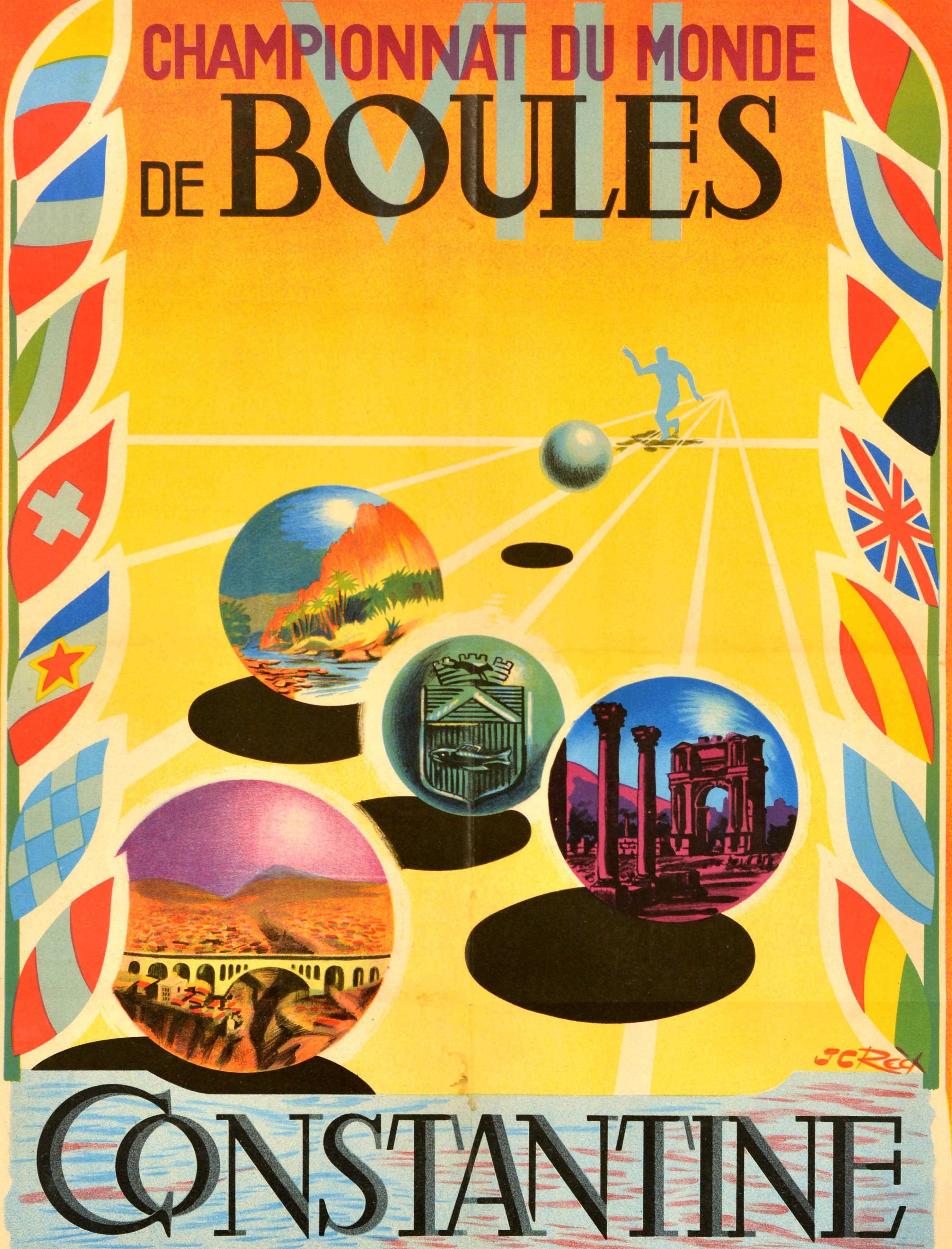 Poster sportivo originale d'epoca per l'8° Campionato Mondiale di Bocce / VIII Championnat du Monde de Boules tenutosi a Constantine Algeria dal 14 al 18 settembre 1955 con la silhouette di un atleta che lancia una palla da bocce lungo un campo da