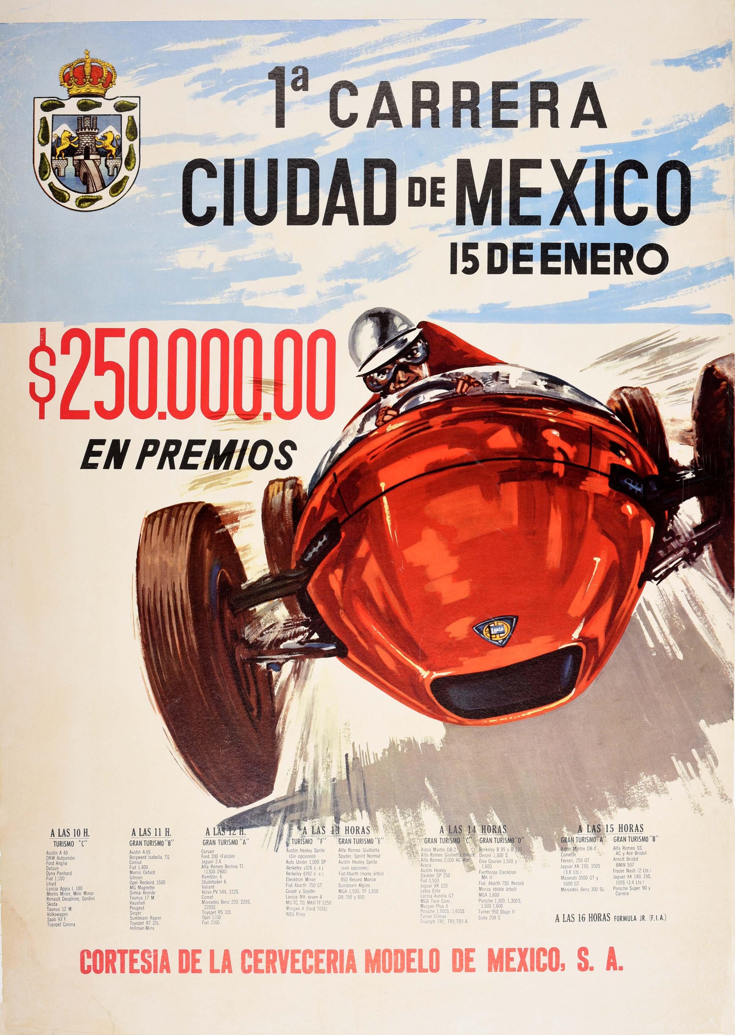 Original vintage motorsport poster for the 1a Carrera Ciudad de Mexico 15 de Enero / 1st Mexico City Race on 15 January featuring a dynamic design showing a driver in a helmet and goggles racing a classic car at speed towards the viewer with the