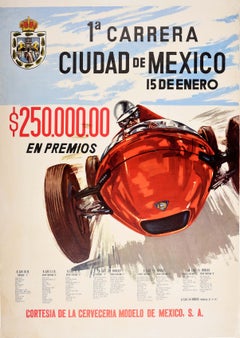 Original Vintage Sport Poster Carrera Ciudad De Mexico Grand Prix Car Racing Art