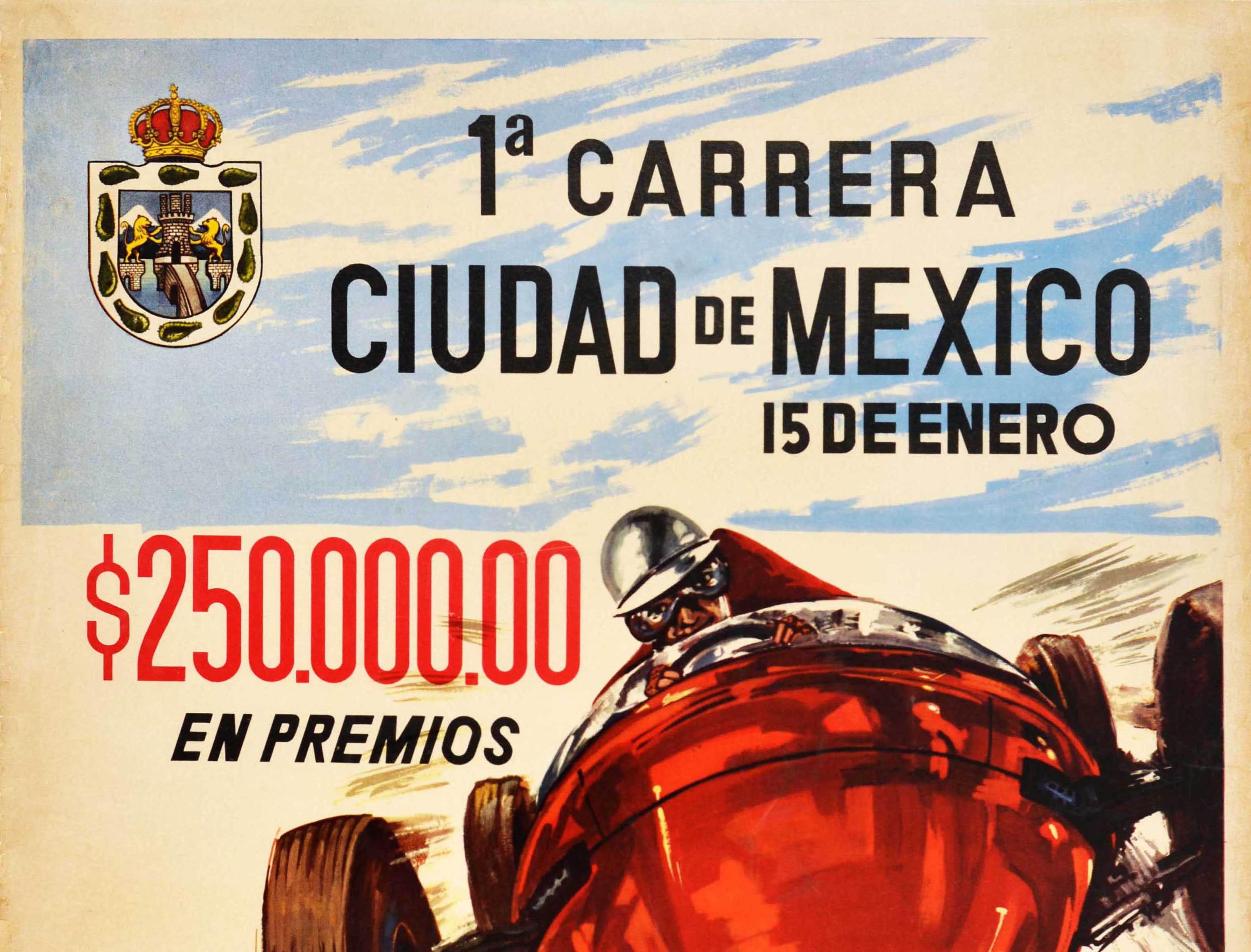 Original vintage motorsport poster for the 1a Carrera Ciudad de Mexico 15 de Enero / 1st Mexico City Race on 15 January featuring a dynamic design showing a driver in a helmet and goggles racing a classic car at speed towards the viewer with the