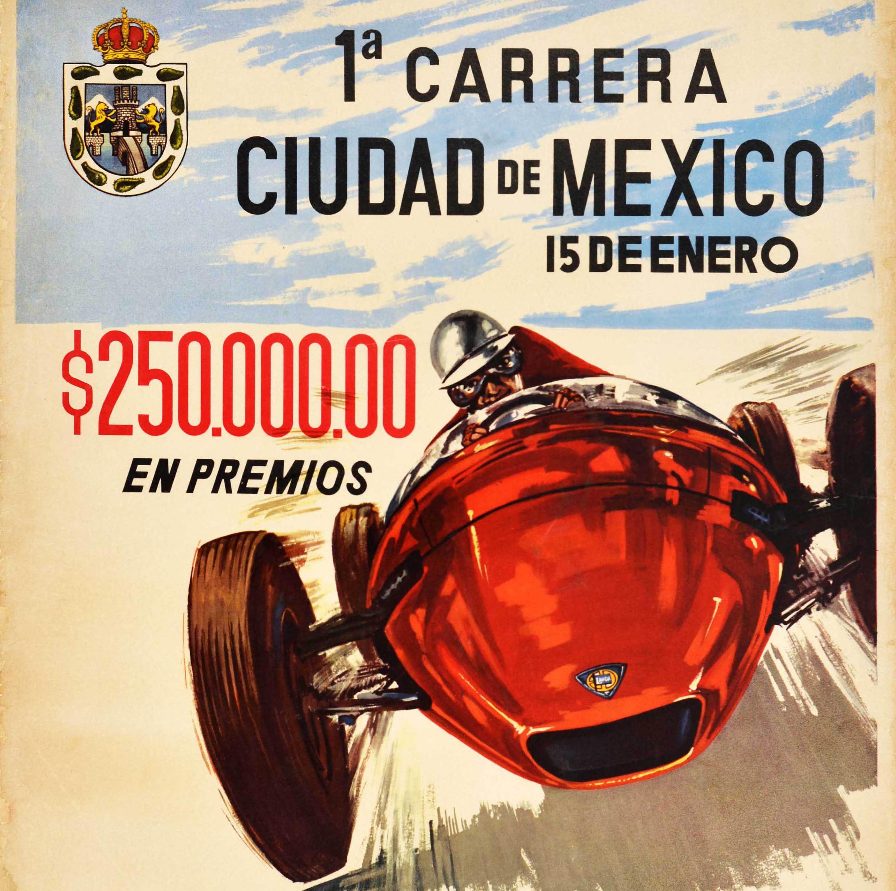 Original Vintage Sport Poster Carrera Ciudad De Mexico Grand Prix Car Racing Art In Good Condition In London, GB
