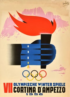 Poster sportivo originale d'epoca Cortina d'Ampezzo Giochi Olimpici Invernali Dolomiti