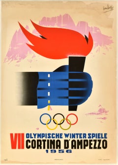 Poster sportivo originale d'epoca Cortina d'Ampezzo Giochi Olimpici Invernali Dolomiti