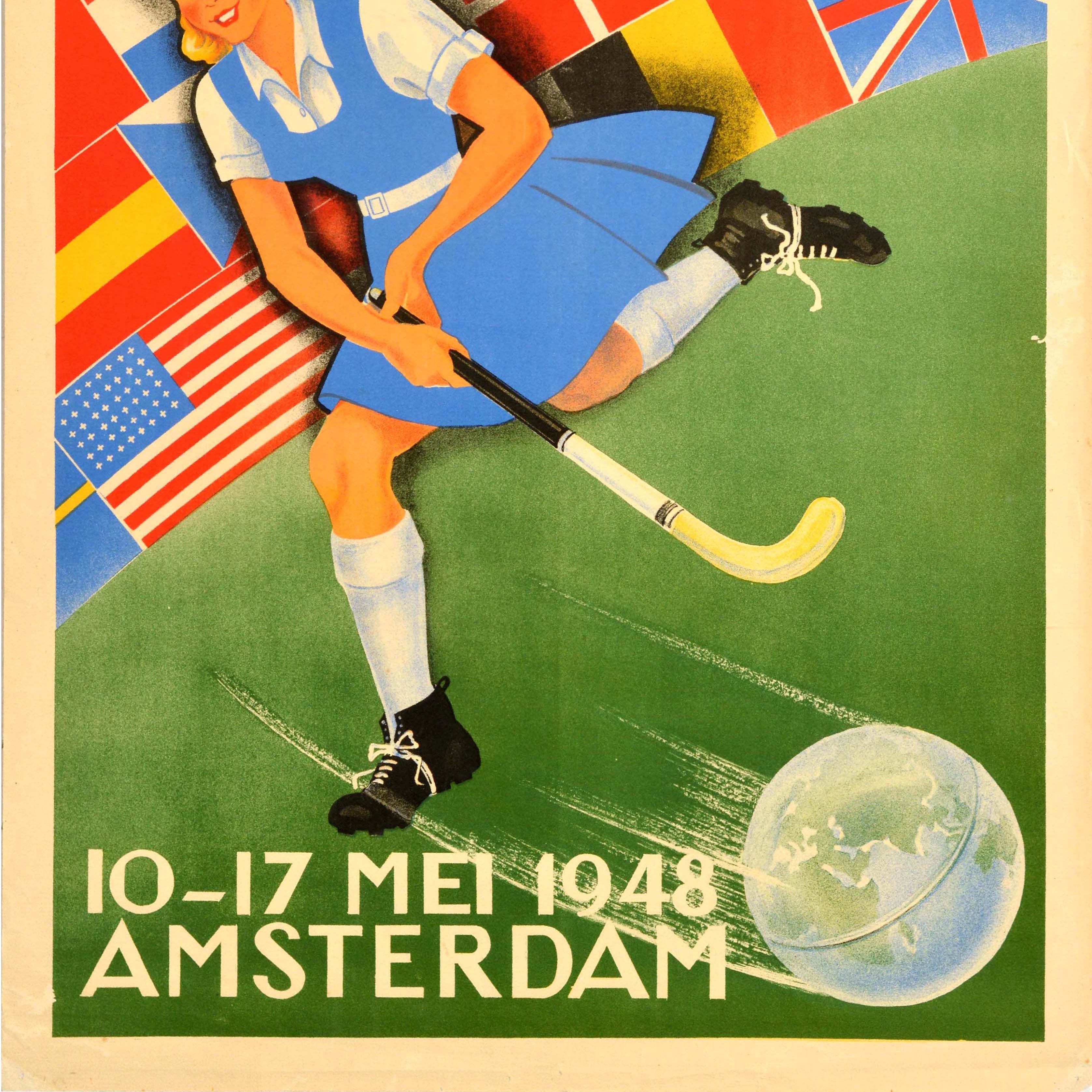 Affiche sportive originale du championnat du monde de hockey pour dames et femmes de 1948 Bon état - En vente à London, GB